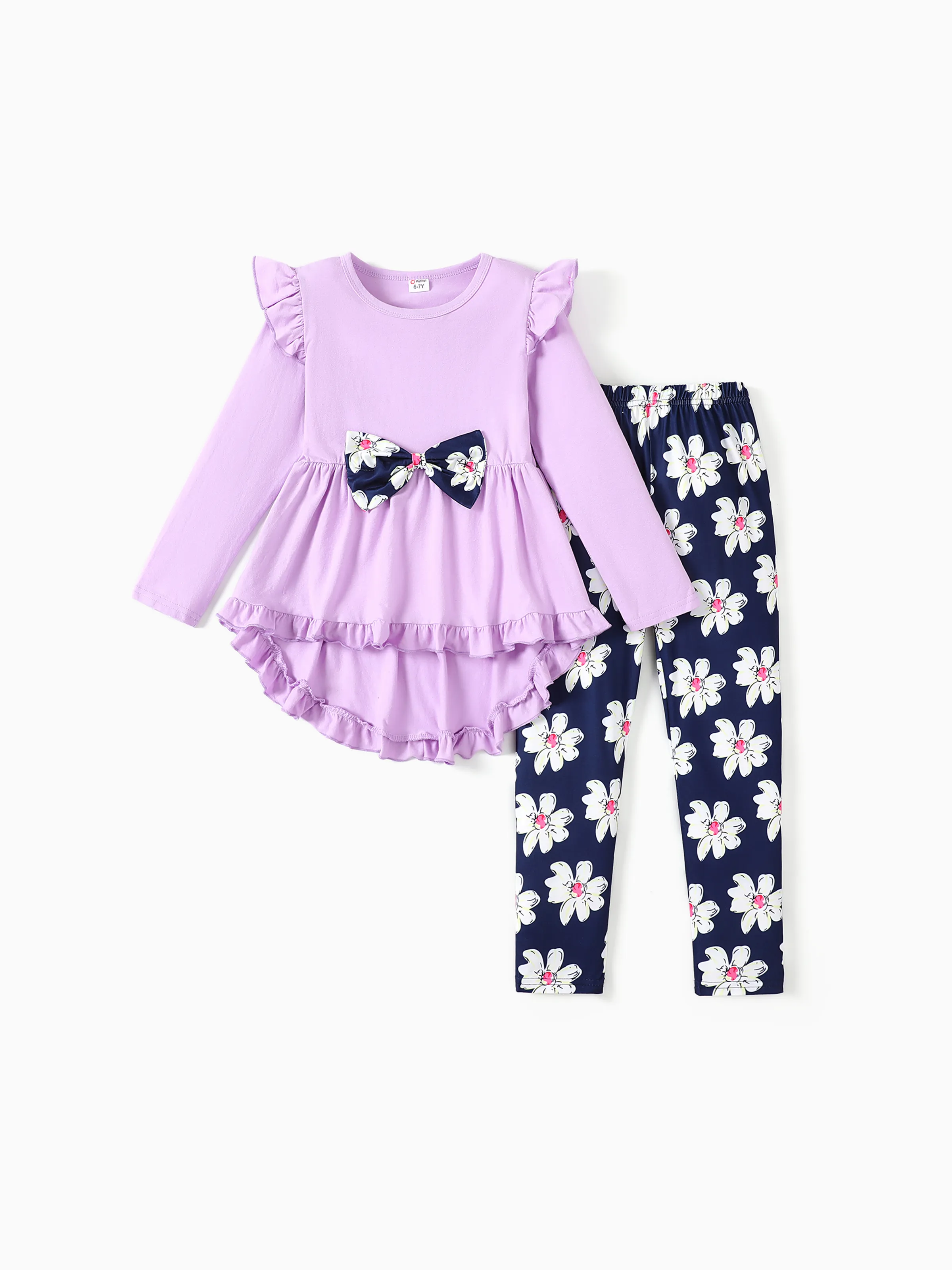 2-piece Kid Girl Bowknot Ruffled Long-sleeves Tee and Flower Allover Print Pants Light Purple