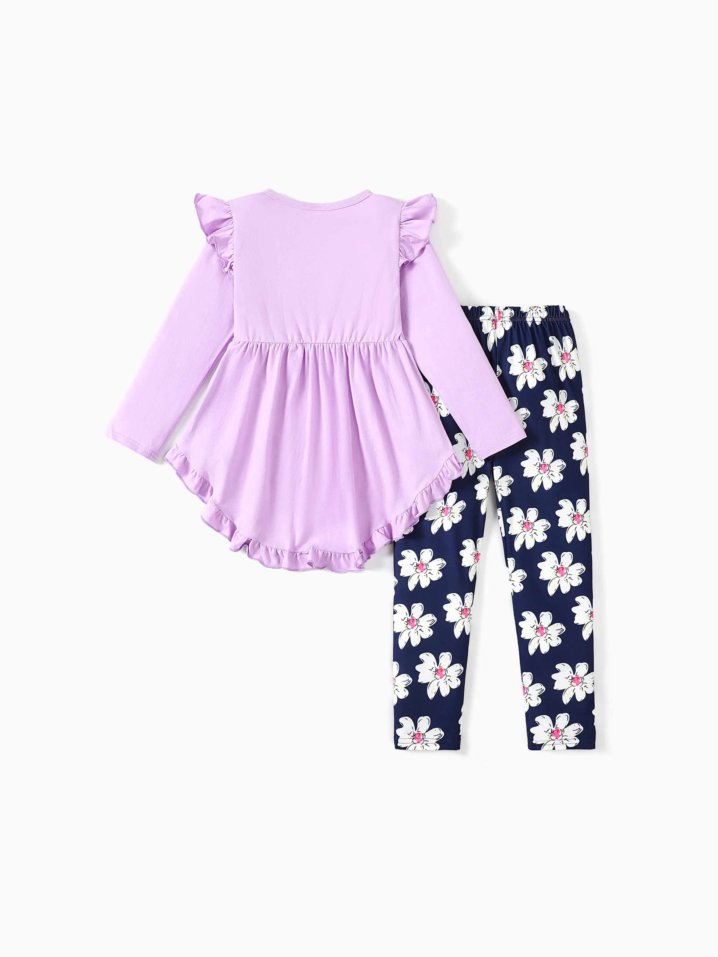 2-piece Kid Girl Bowknot Ruffled Long-sleeves Tee and Flower Allover Print Pants Light Purple - Image 2