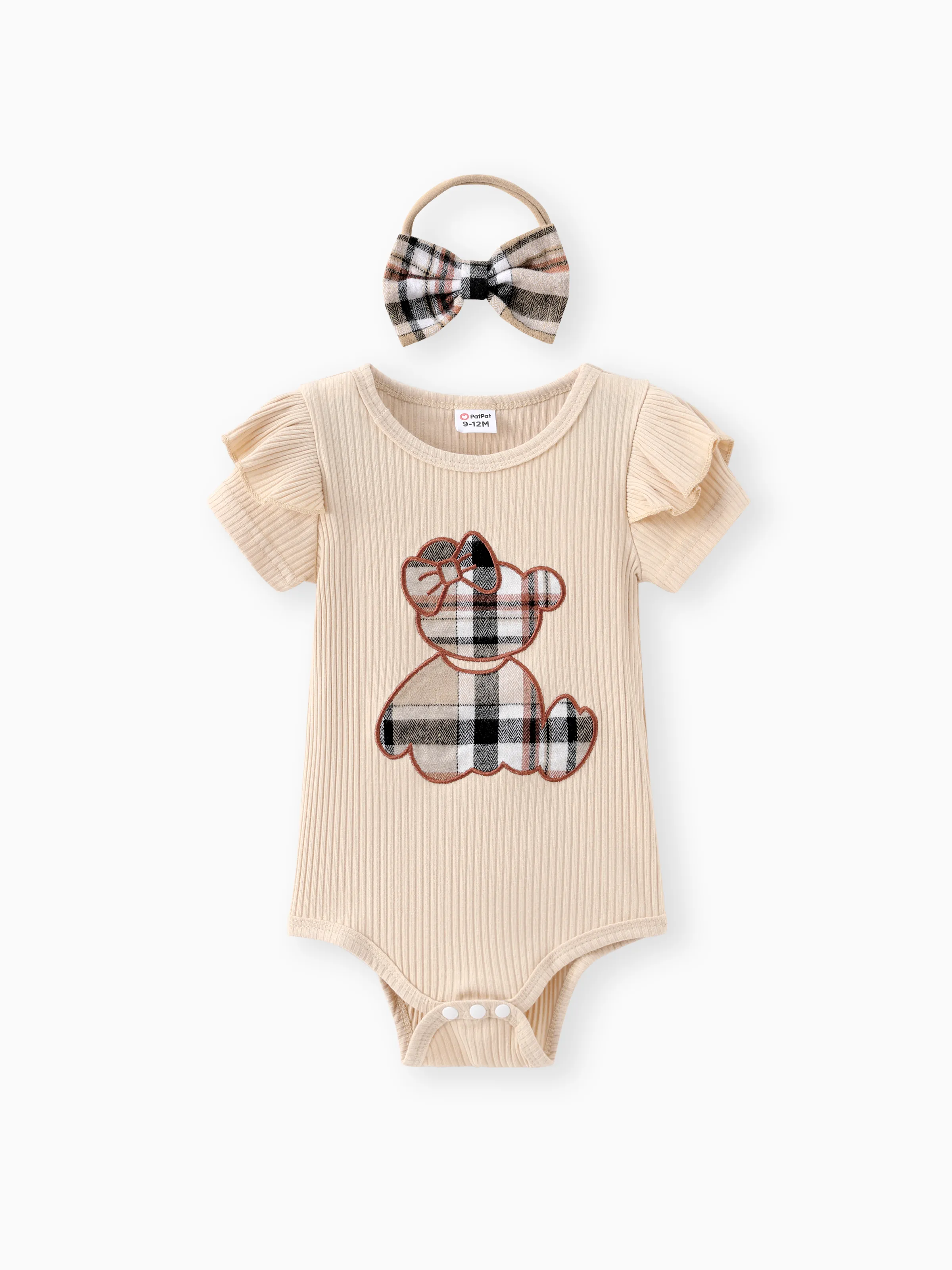 Baby Girl 3pcs Bear Style Embroidered Ruffled Romper and Plaid Skirt with Headband Set Beige - Image 2