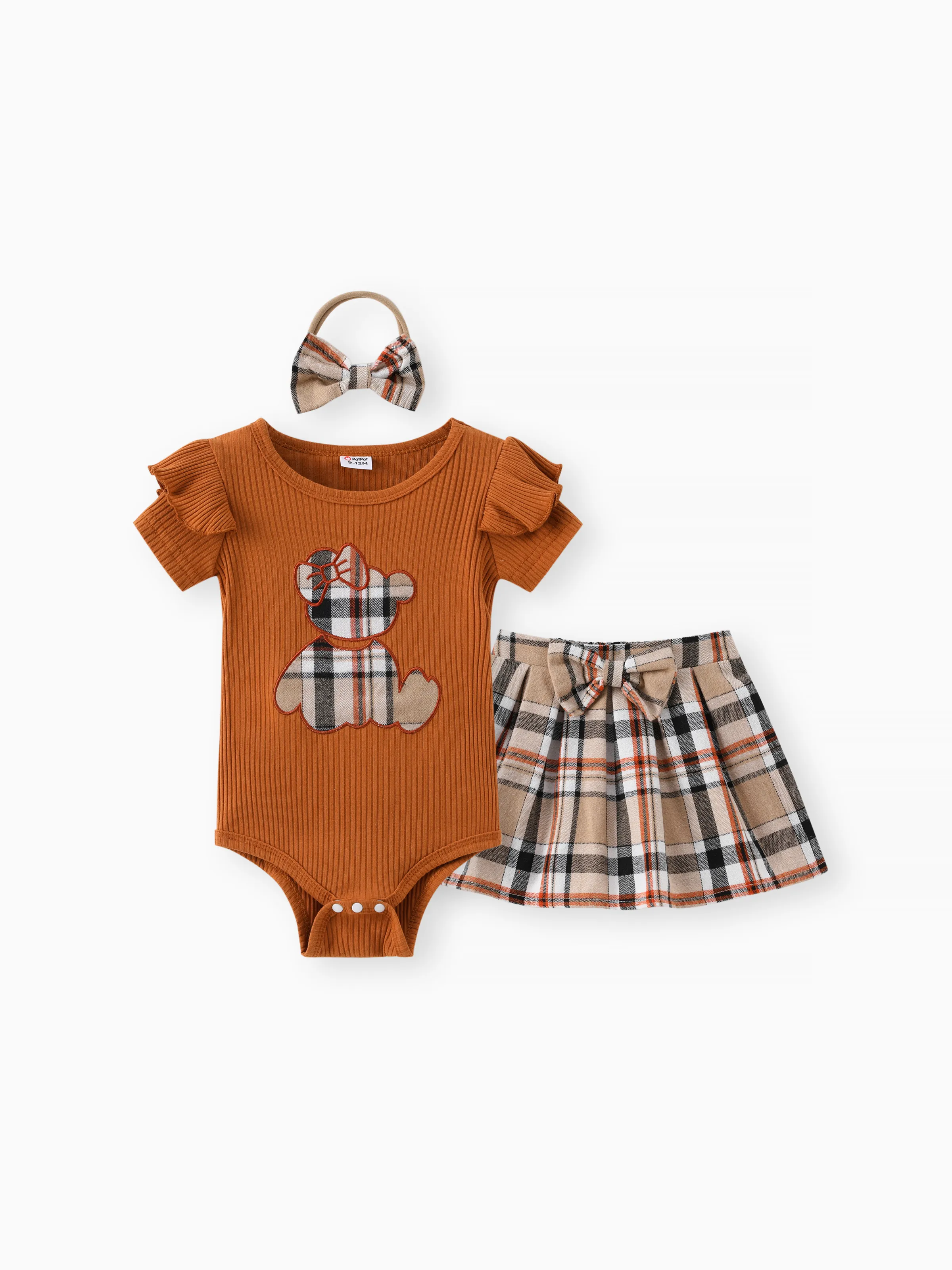 Baby Girl 3pcs Bear Style Embroidered Ruffled Romper and Plaid Skirt with Headband Set Brown