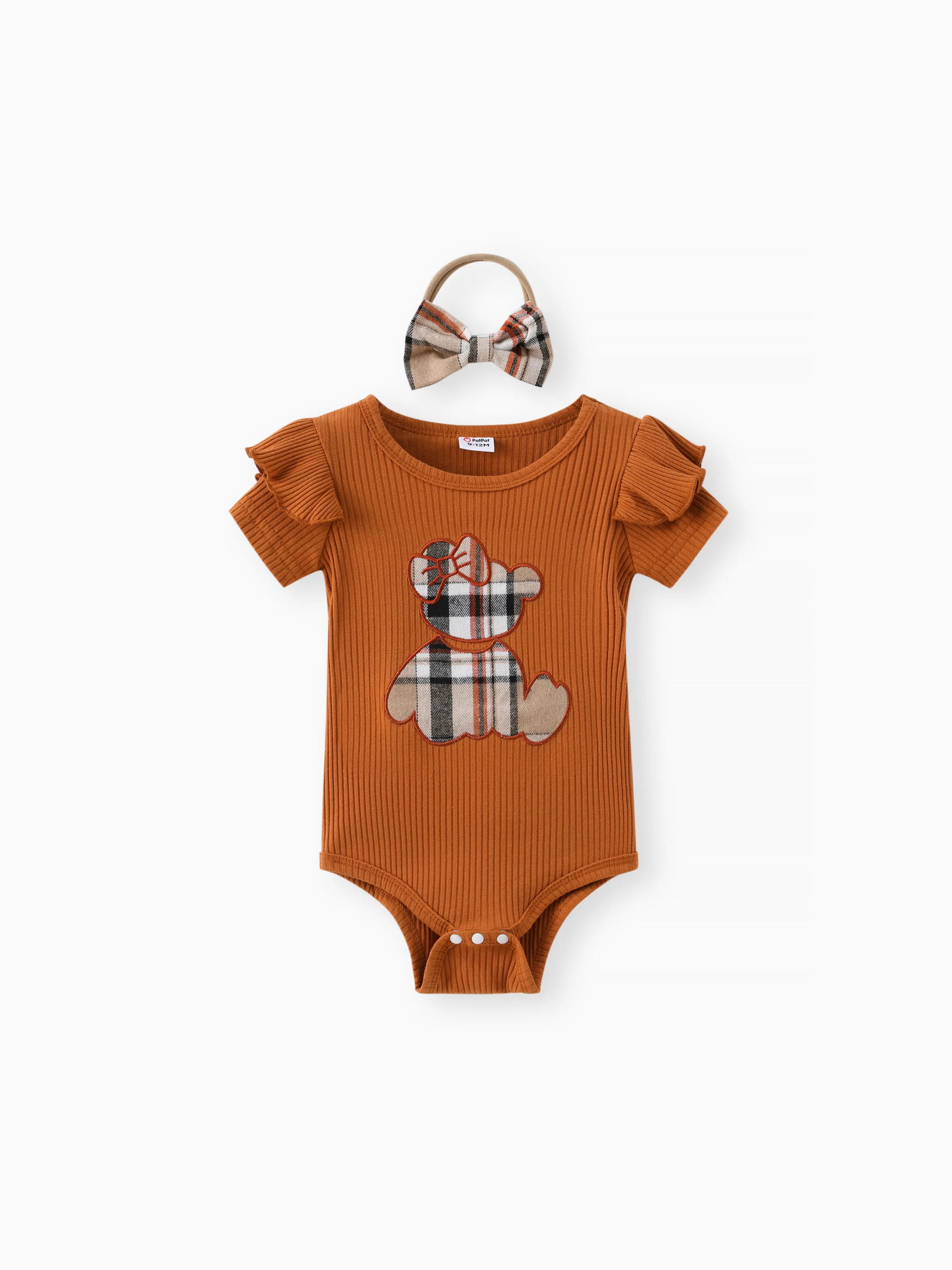Baby Girl 3pcs Bear Style Embroidered Ruffled Romper and Plaid Skirt with Headband Set Brown - Image 2