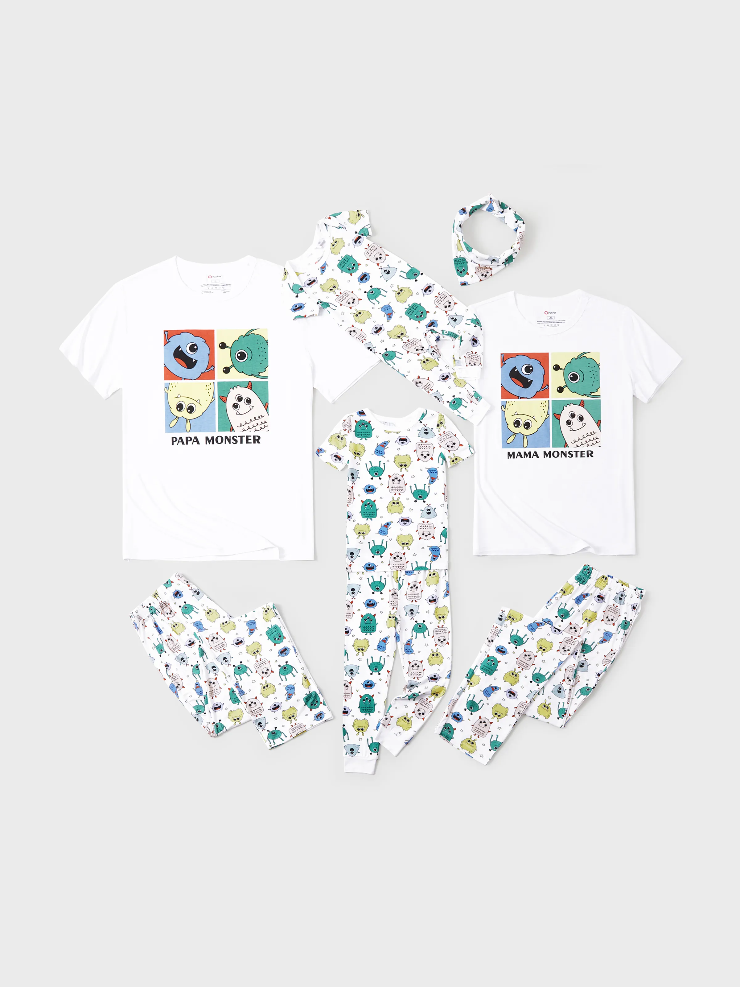 Bamboo Family Pajamas Cute Little Monster Print Short-sleeve Matching Pajama Set ( Snug-Fitting for Children ) White