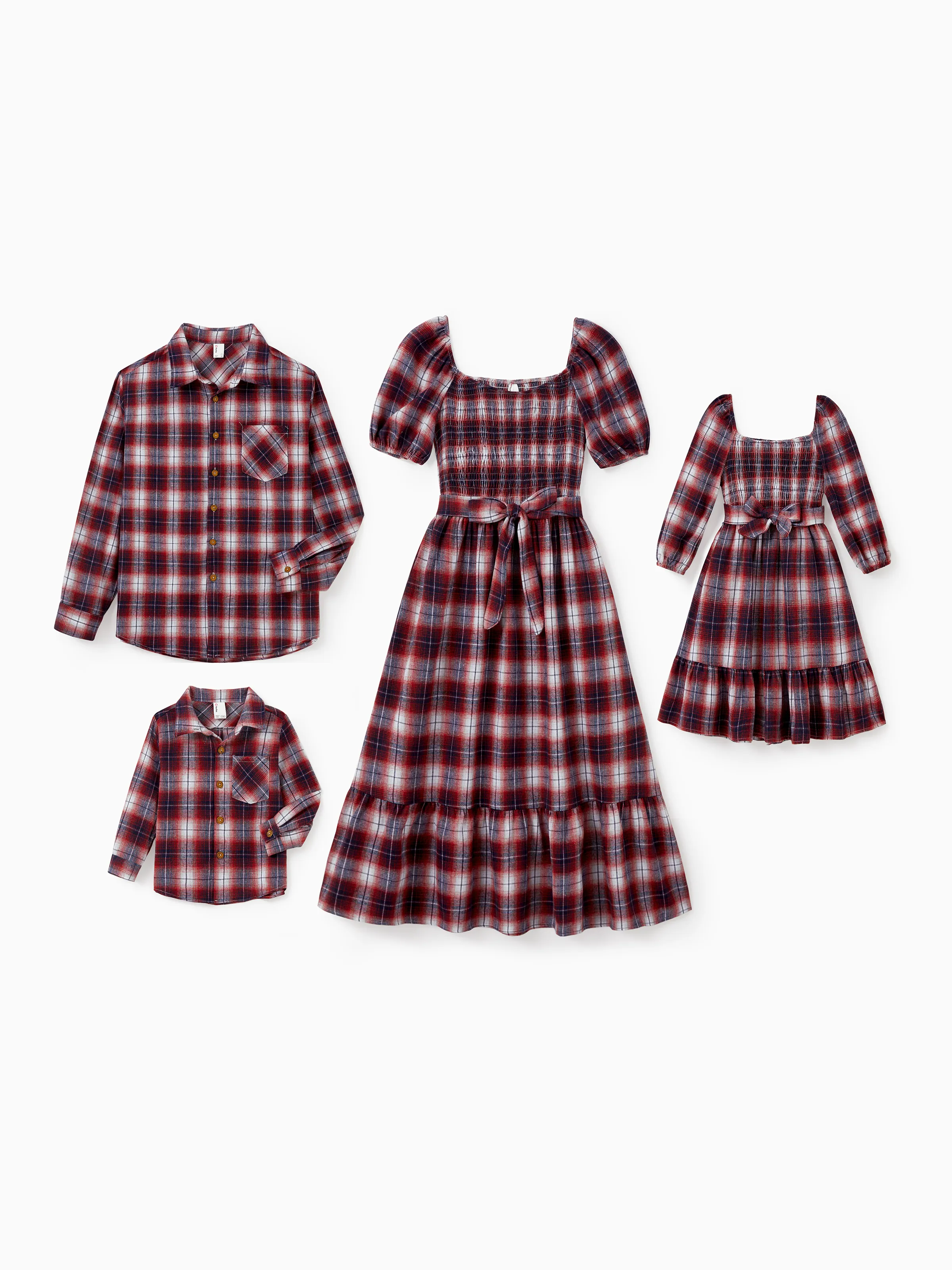 Christmas Plaid Matching Family Outfits Dad/Son Long-sleeve Shirts or Mom/Daughter Dresses Red