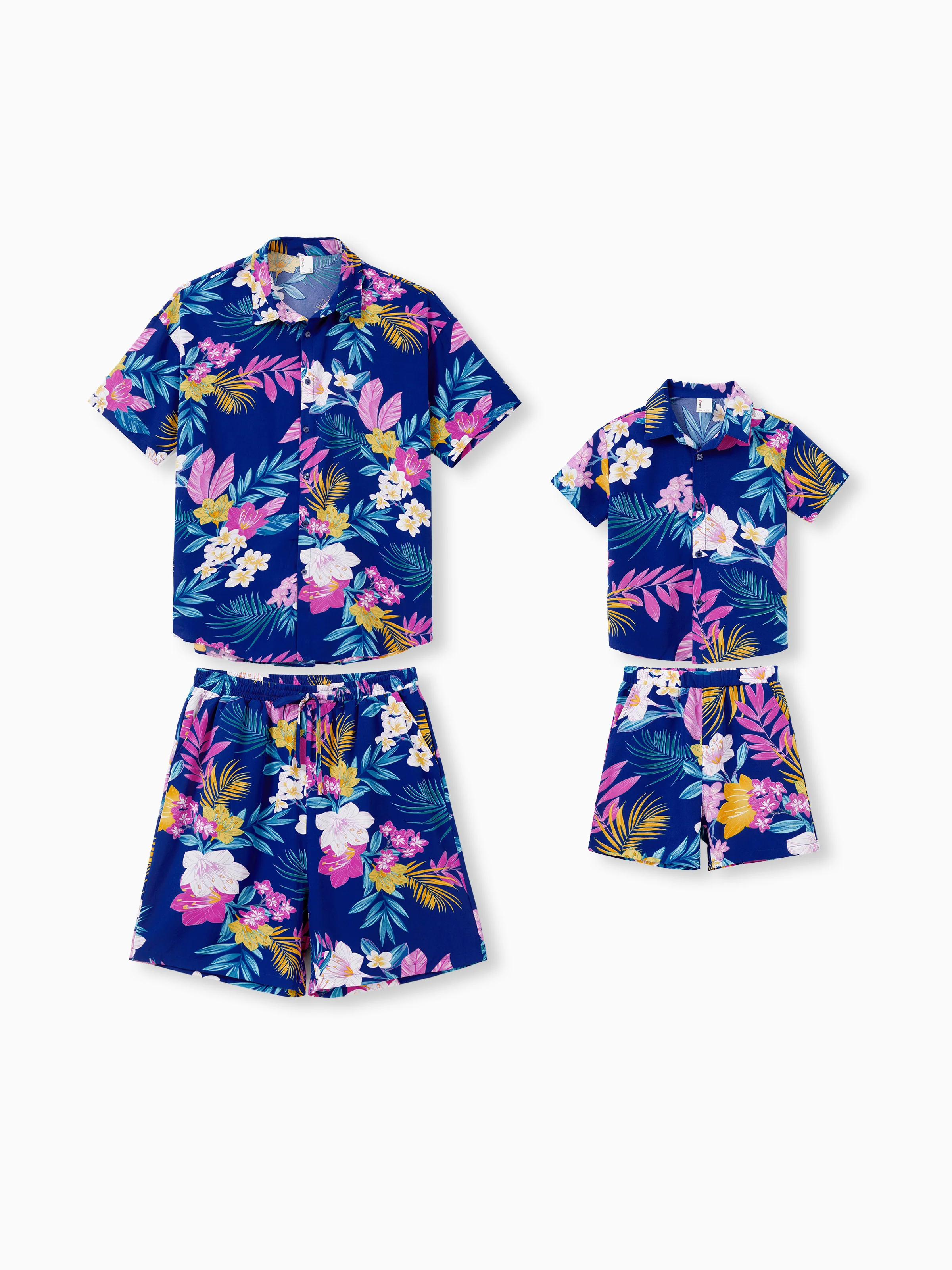 Daddy and Me Matching Family Hawaiian Outfits Tropical Floral Print Strap Dress or Short-sleeve Shirts & Shorts Set Summer Beachwear Set for Vacation Deep Blue