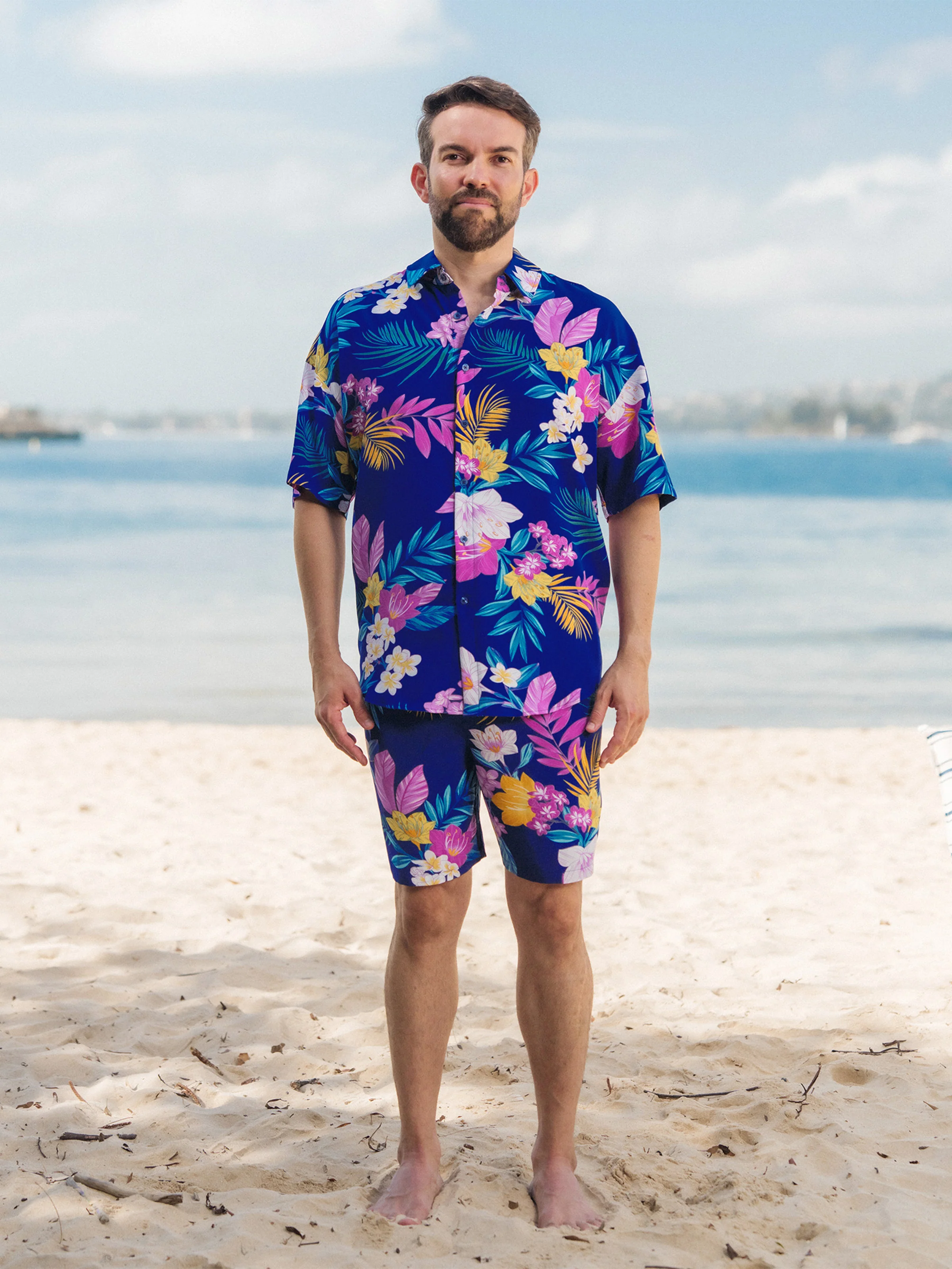 Daddy and Me Matching Family Hawaiian Outfits Tropical Floral Print Strap Dress or Short-sleeve Shirts & Shorts Set Summer Beachwear Set for Vacation Deep Blue - Image 3
