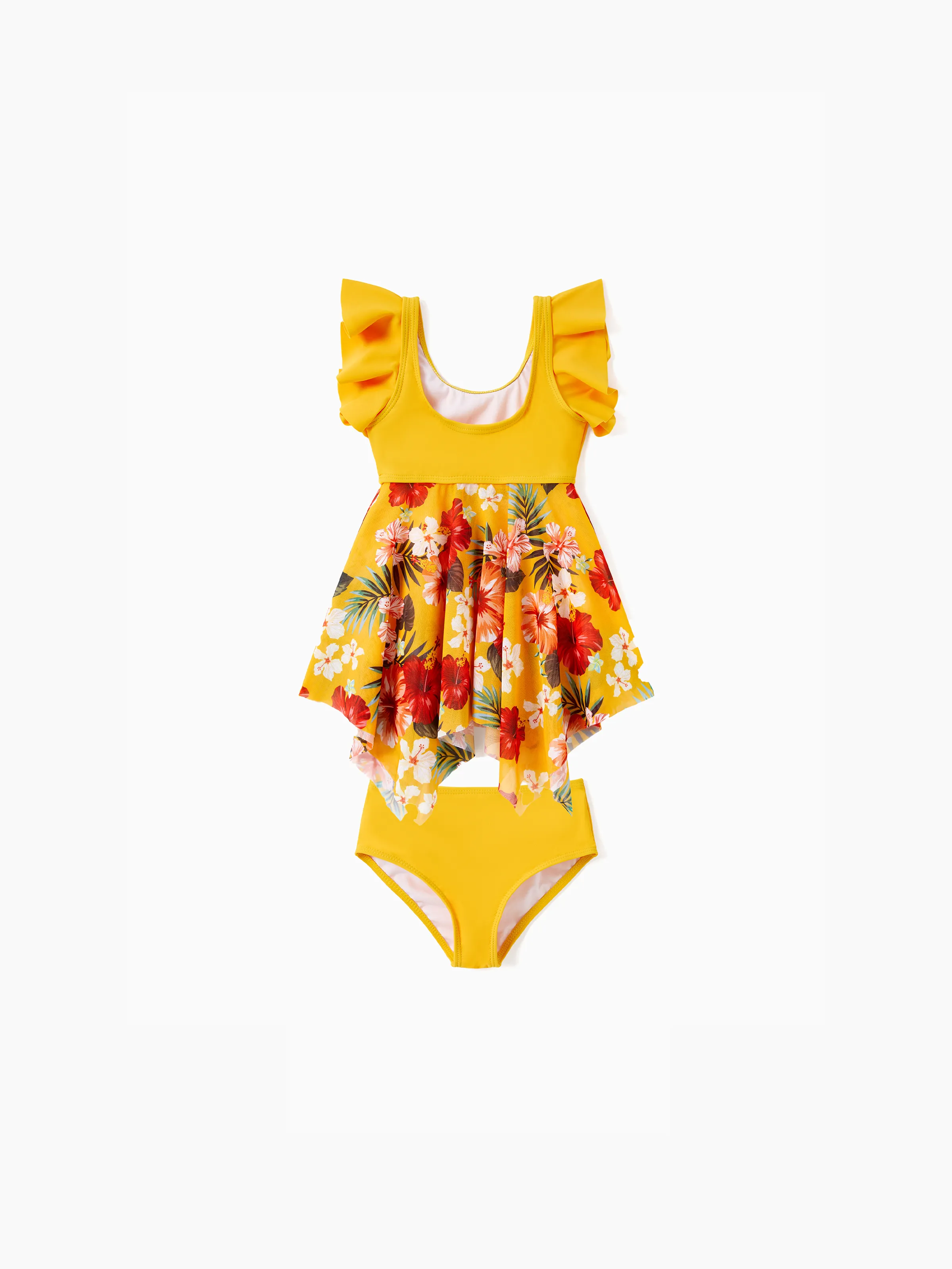 Daddy & Daughter Floral Drawstring Swim Trunks or Flowy Spliced Mesh Swim Dress with Triangle Swim Bottom Yellow - Image 9