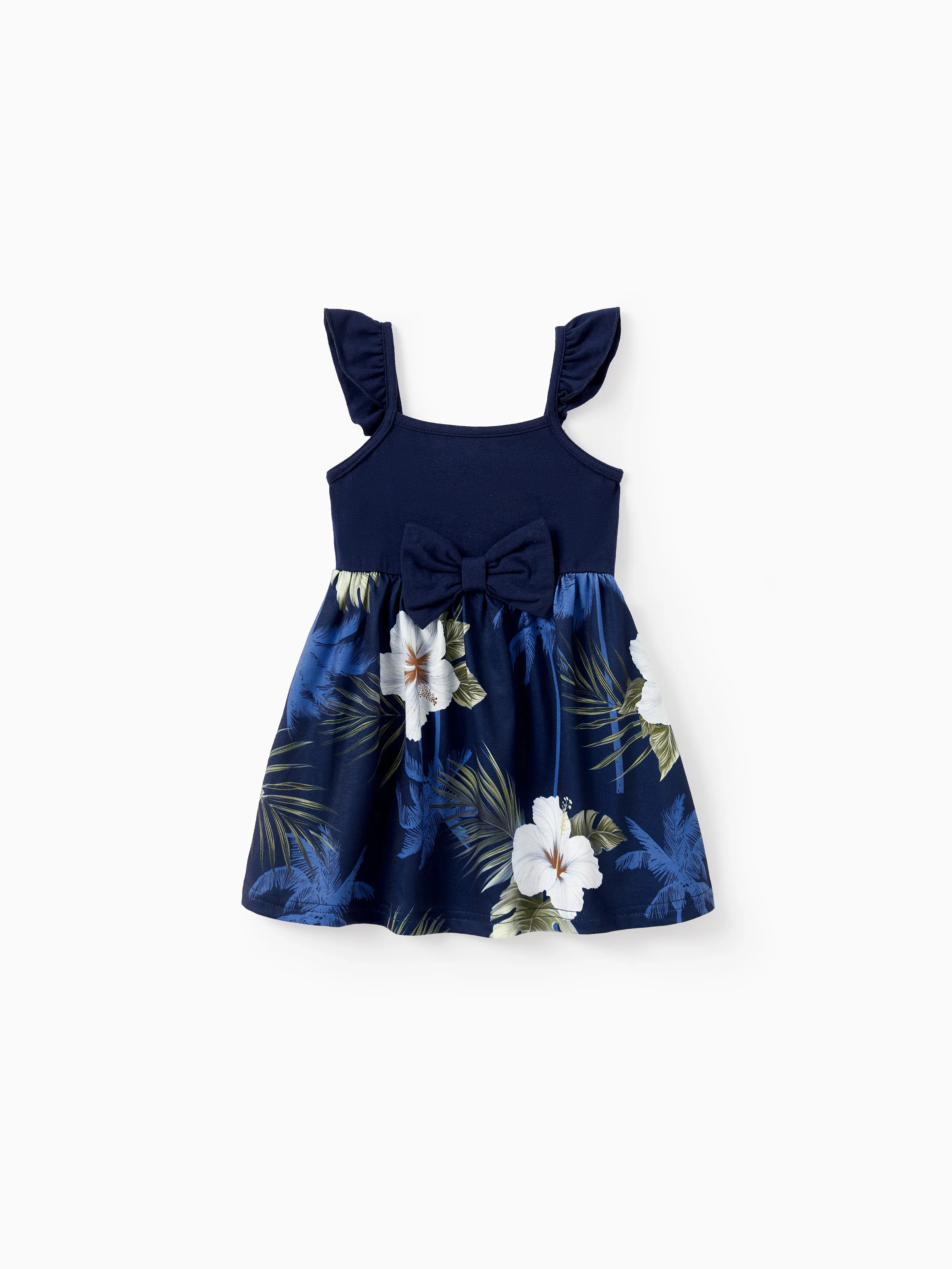 Daddy & Daughter Floral Print Cotton Top Short-sleeve Shirt or Splicing Sleeveless Tank Dress Deep Blue - Image 13