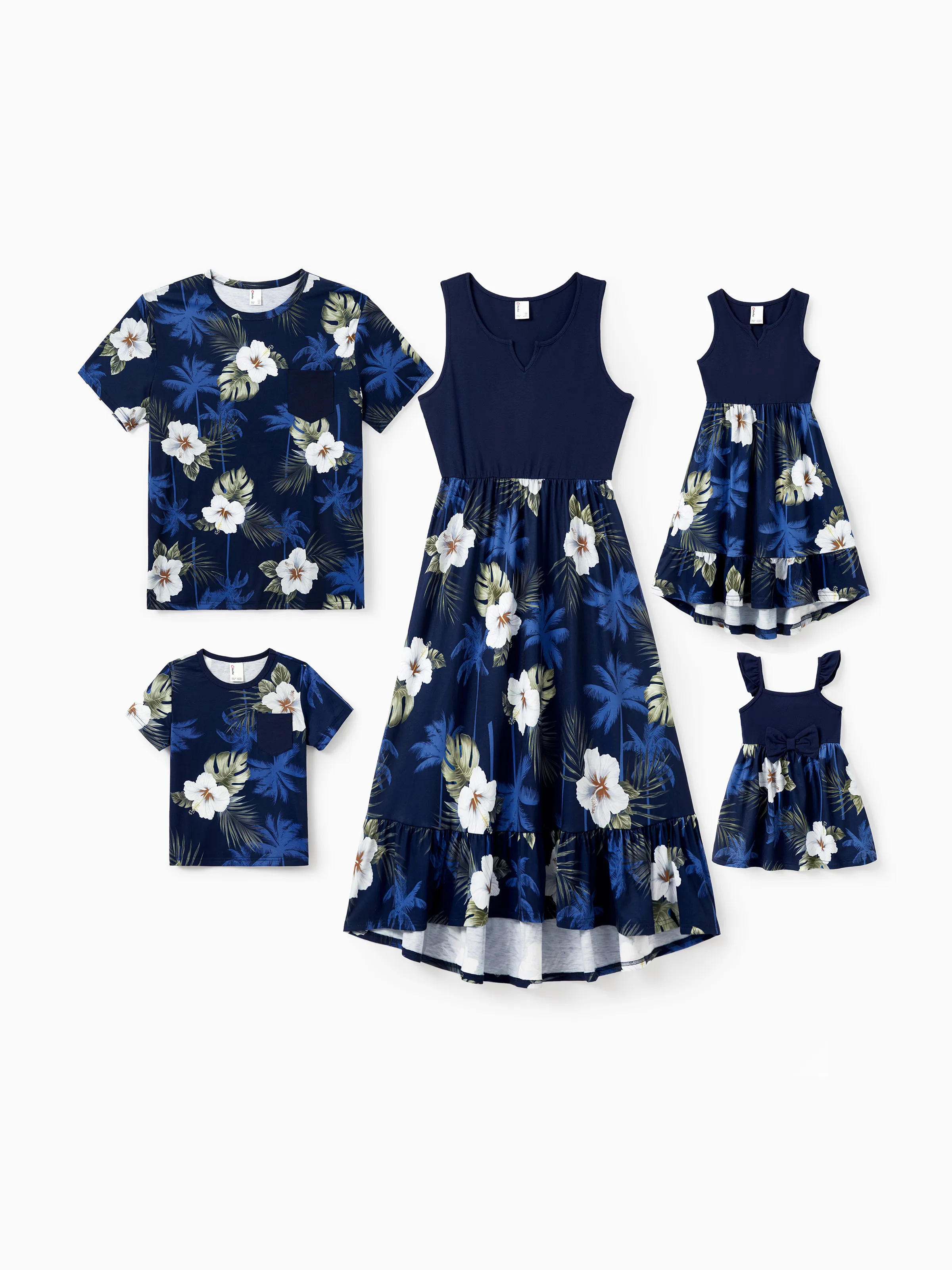 Daddy & Daughter Floral Print Cotton Top Short-sleeve Shirt or Splicing Sleeveless Tank Dress Deep Blue - Image 2