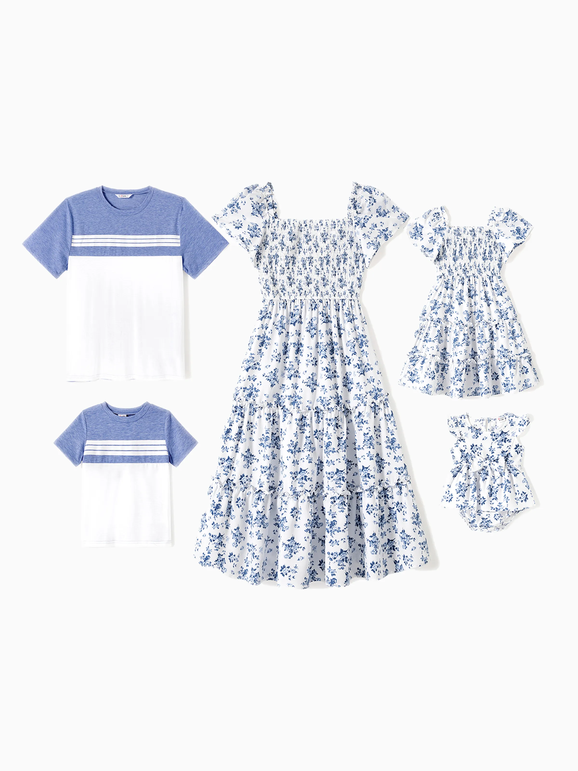 Daddy & Daughter Outfit: Floral Smocking Casual Suit BLUEWHITE - Image 2