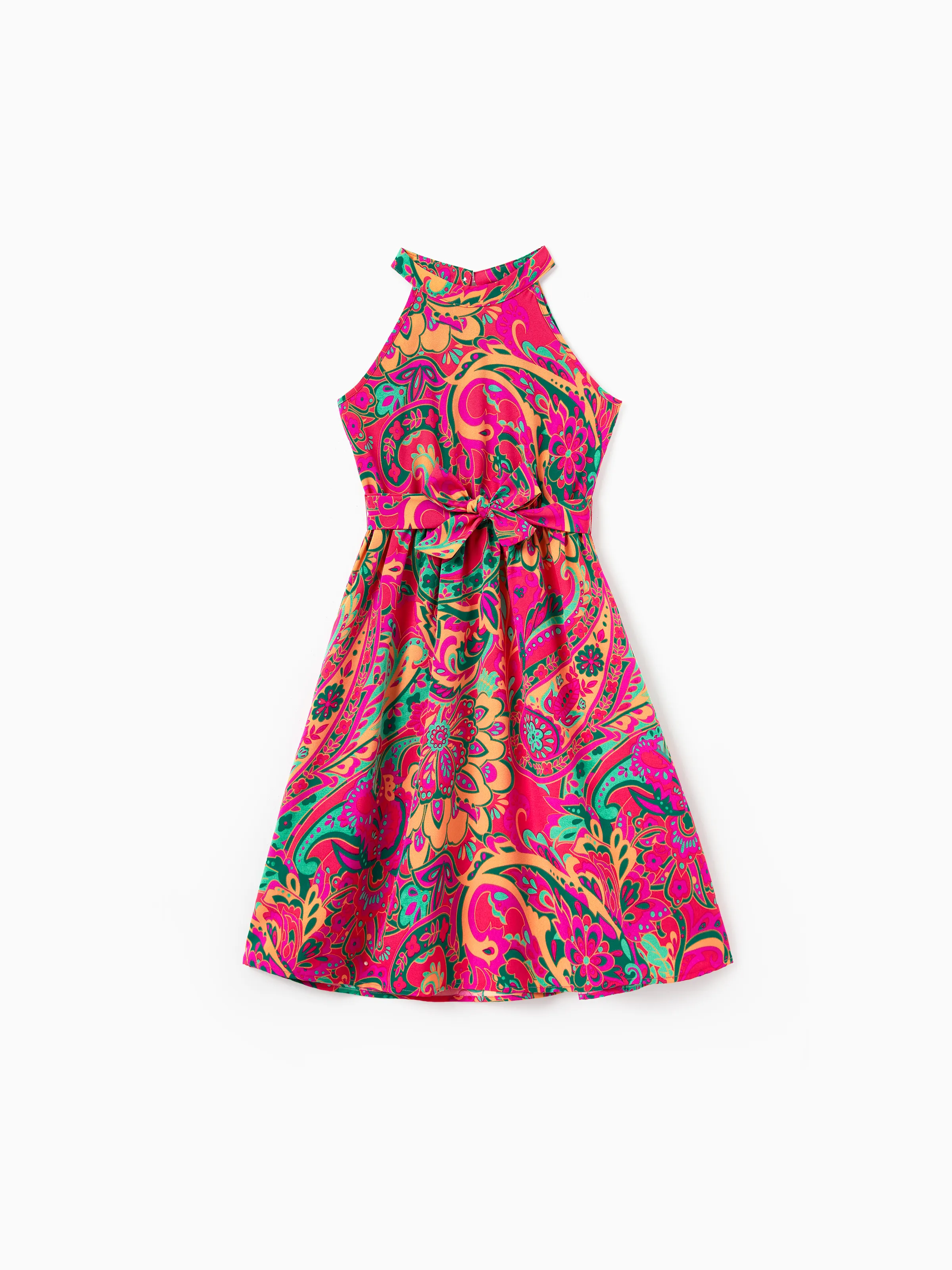 Daddy & Daughter Outfit Set Sleeveless Halter Belted Dress or Short-sleeve Collar Shirt   for Summer Vacation Hot Pink - Image 7