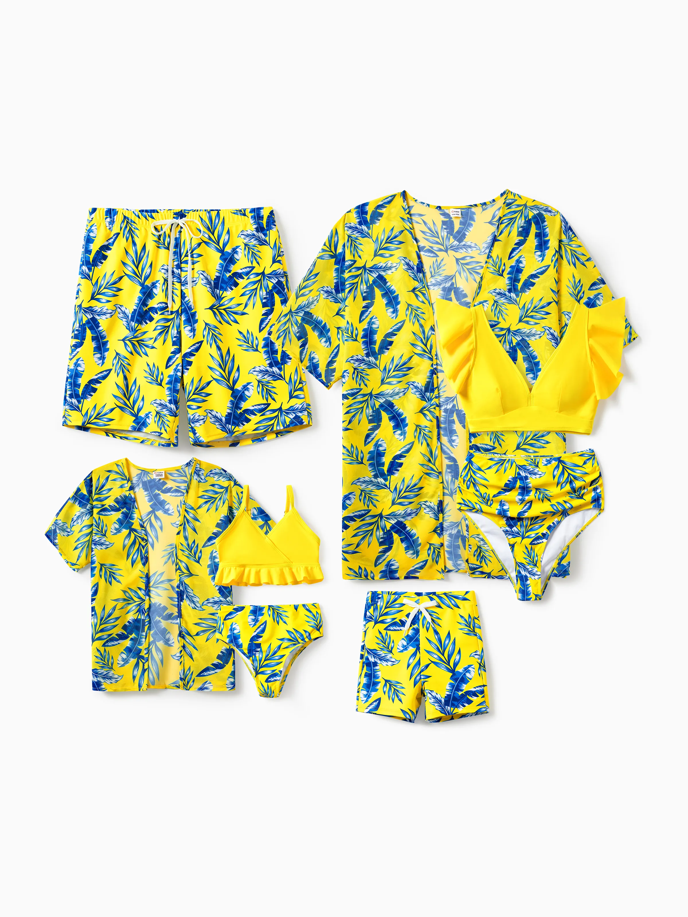 Daddy & Daughter Yellow Leaf Print Swim Trunks or Ruched Flutter Sleeve Bikini with Optional Swim Cover Up Yellow - Image 2
