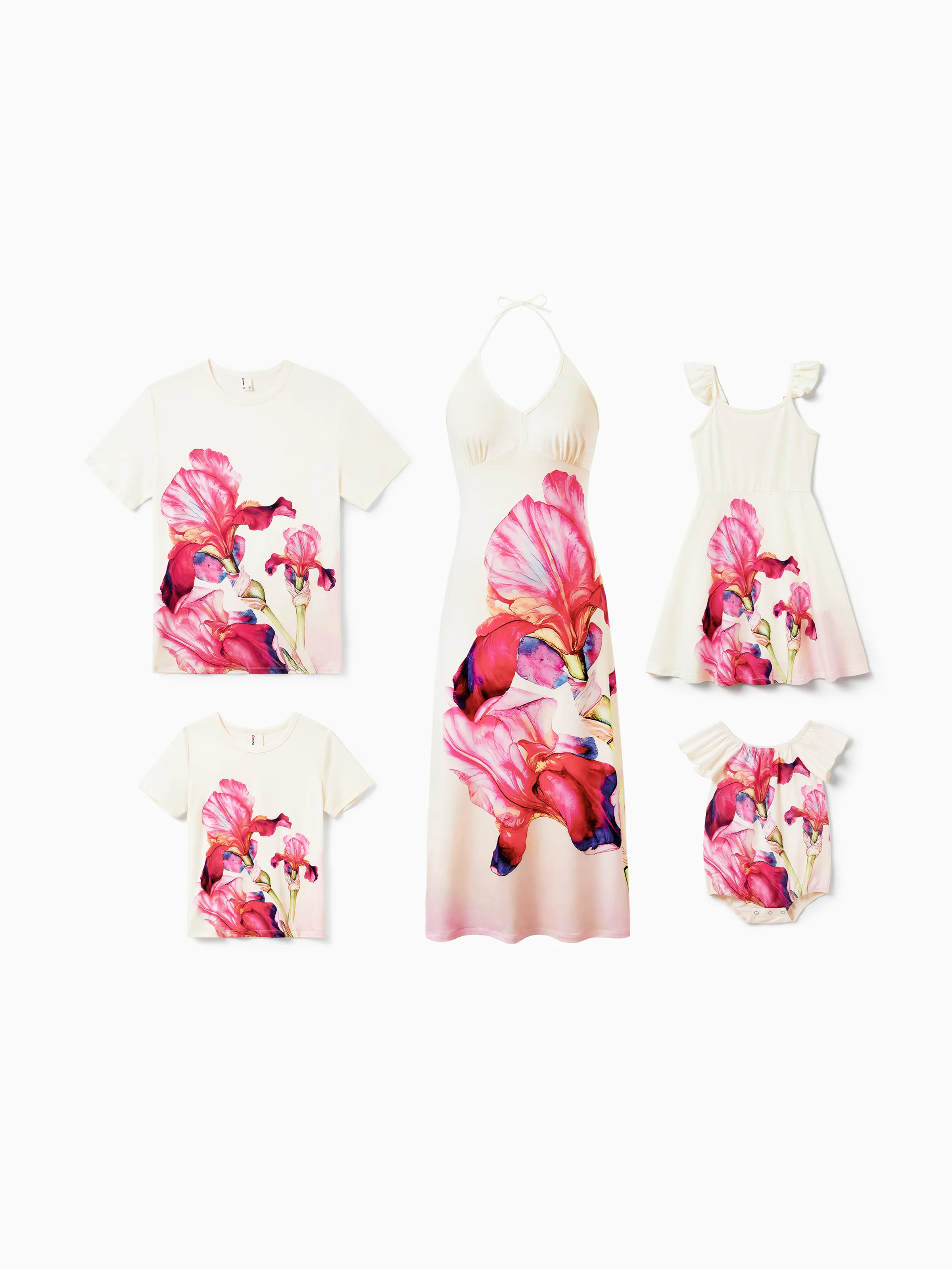Daddy & Son Casual Outfit Floral Print T-shirt or Halter Dress Summer Set for Vacation Apricot - Image 3