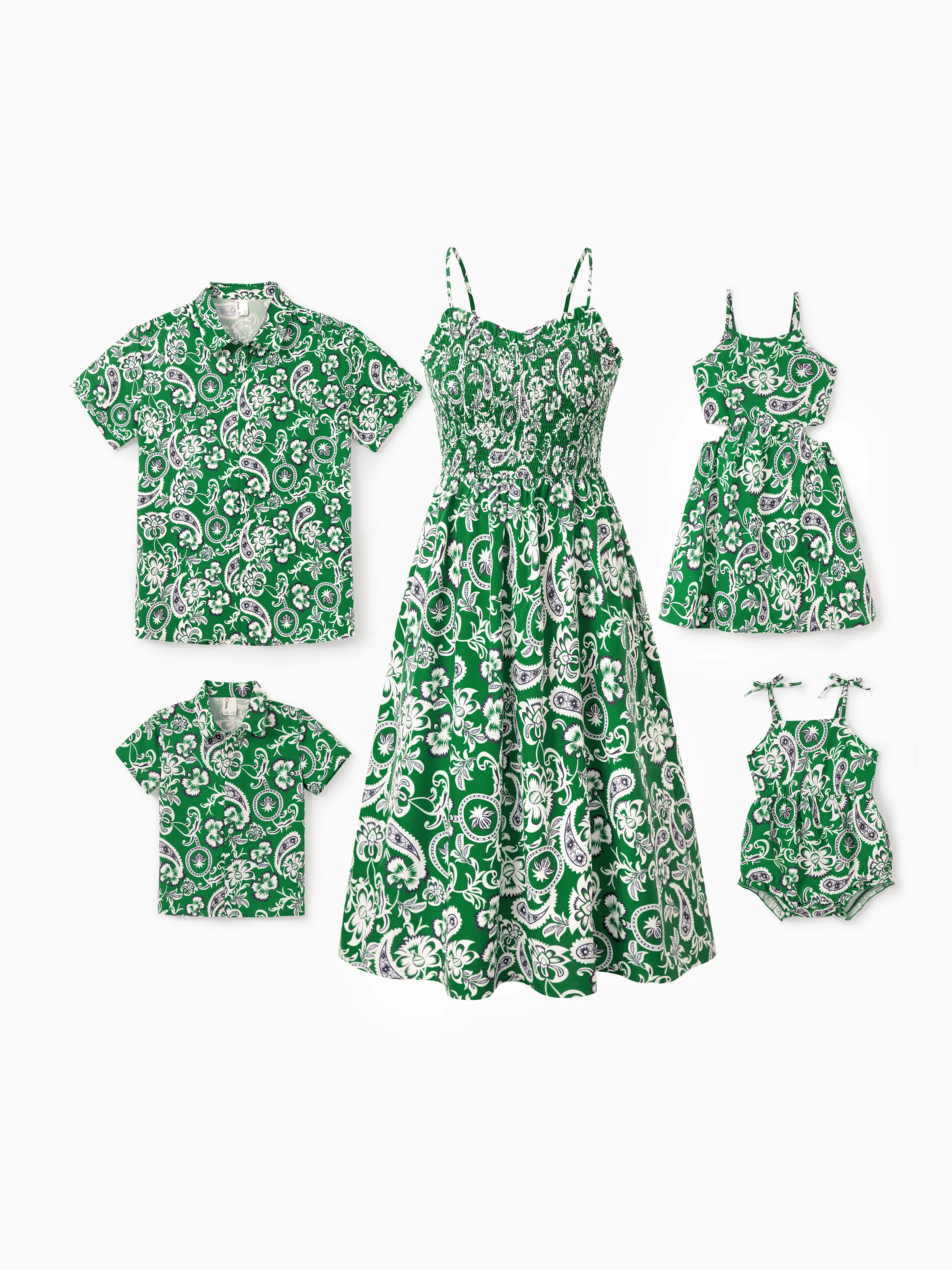 Daddy & Son Outfits Set Floral Print Short-sleeve Collar Shirt or Strappy Smocked Dress for Summer Vacation Green - Image 3