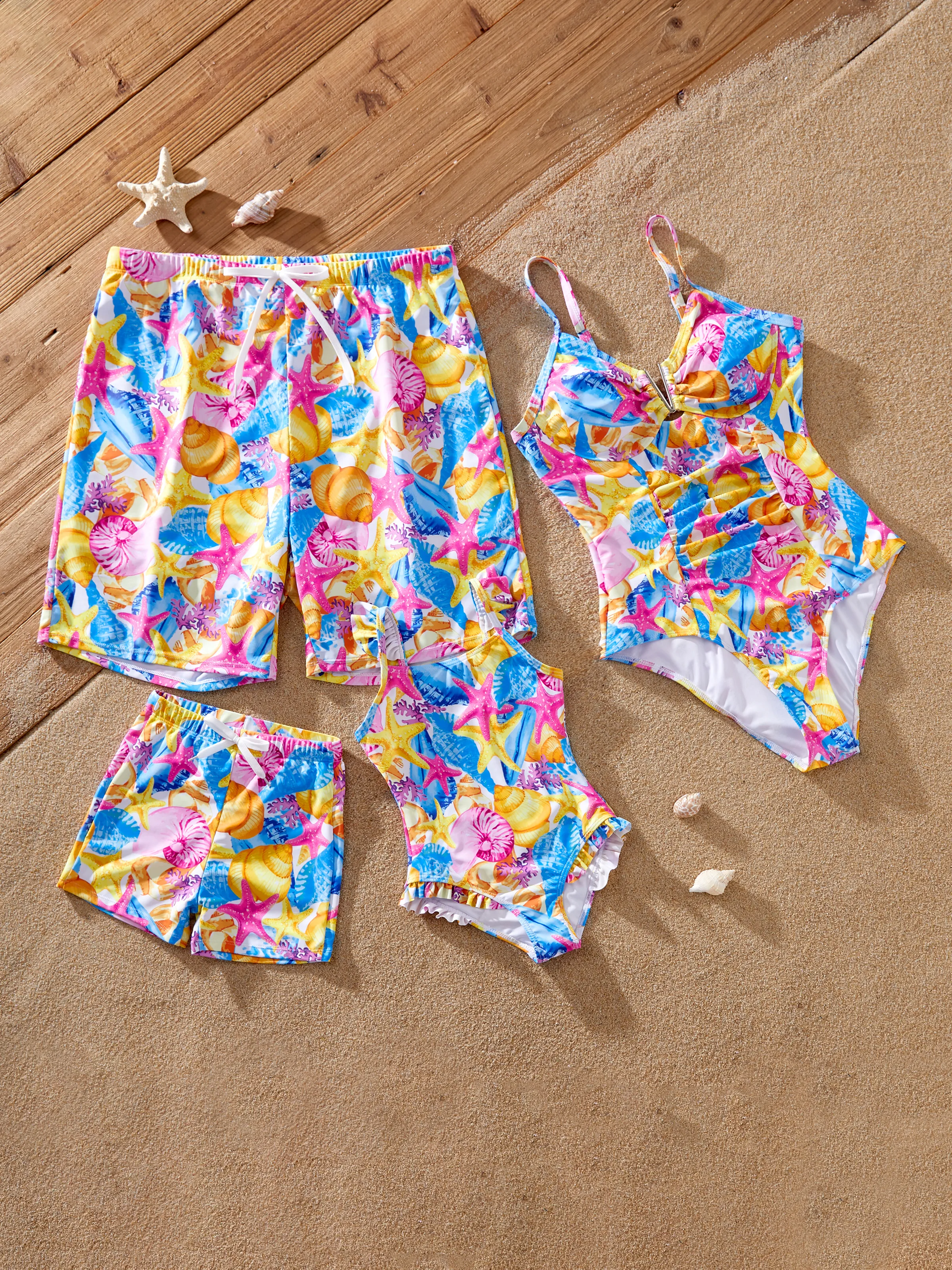 Daddy & Son Seashell & Starfish Print Swimsuits Ruched One-Piece & Swim Trunks Set Multi-color - Image 6
