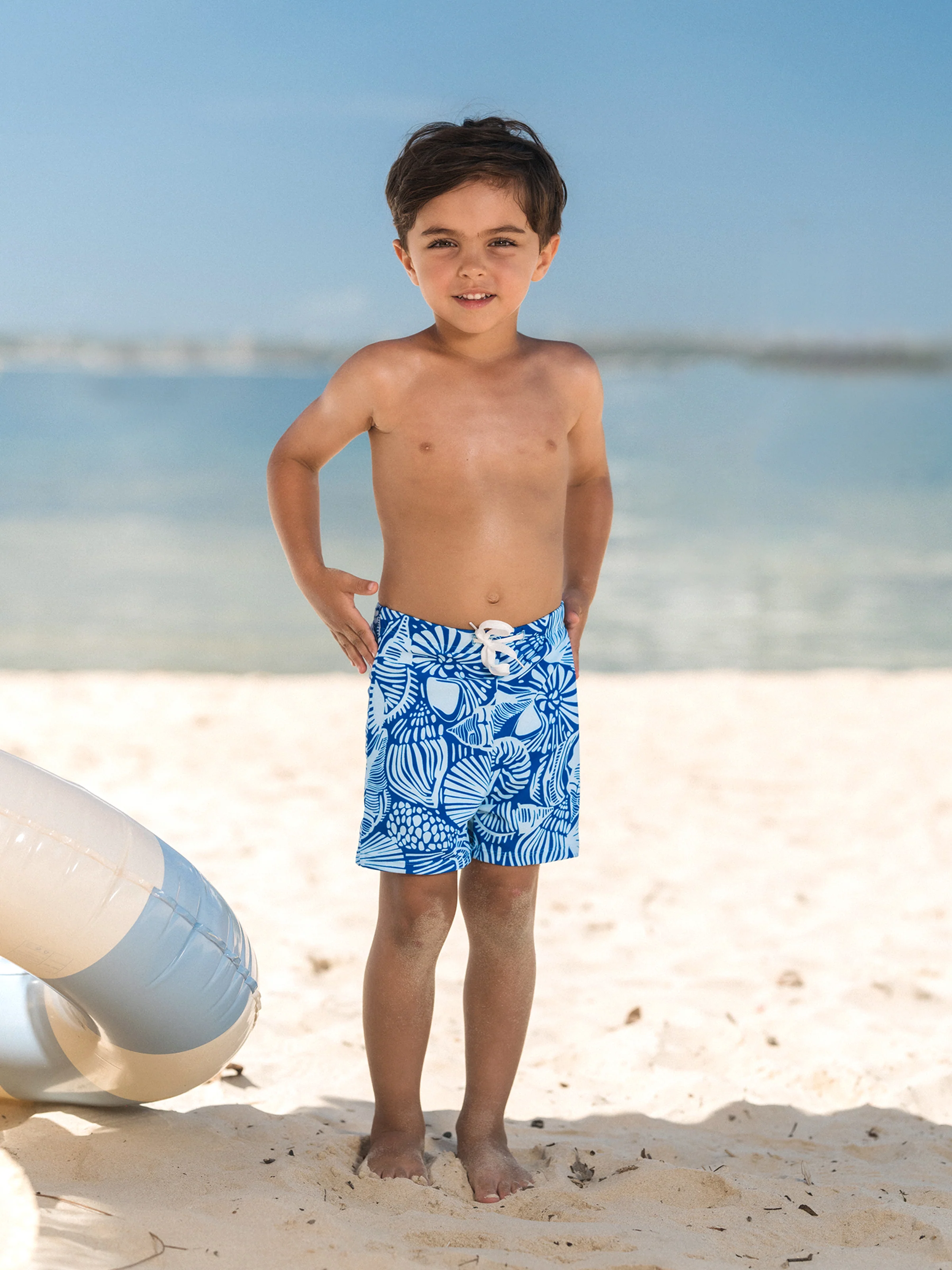 Mommy & me Shell Print Swimwear Floral two-piece Bikini & Swim Shorts Set for Mom, Dad, & Kids, Perfect for Beach Days & Pool Parties Blue - Image 18