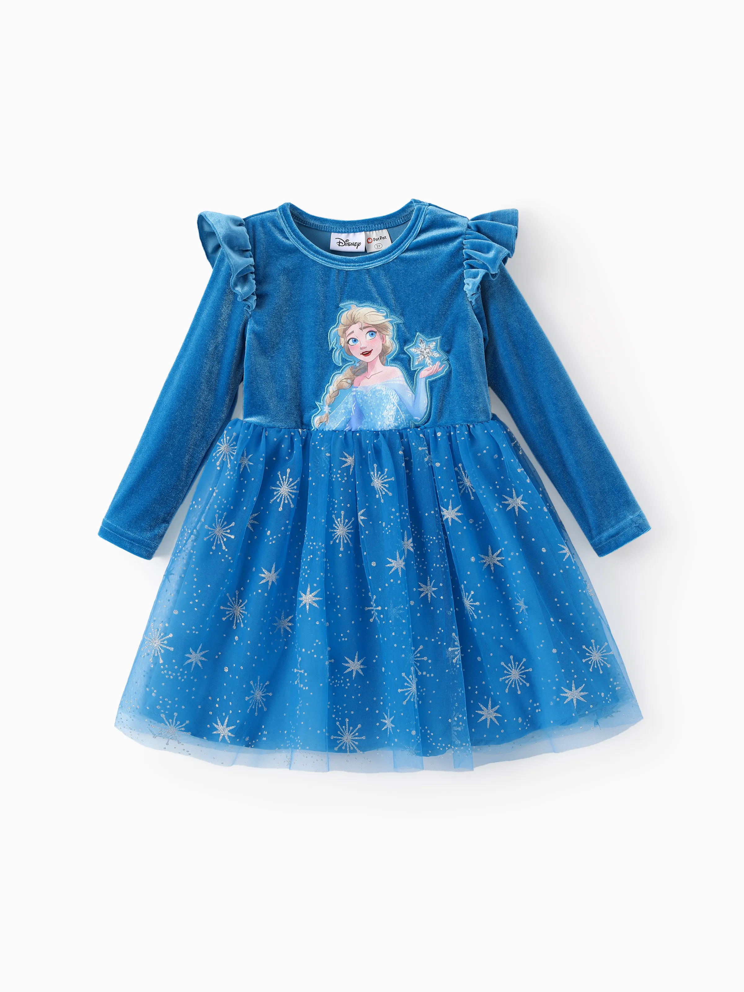 Disney Frozen Toddler Girl Elsa Flutter-sleeve Velvet Mesh Spliced Dress Blue
