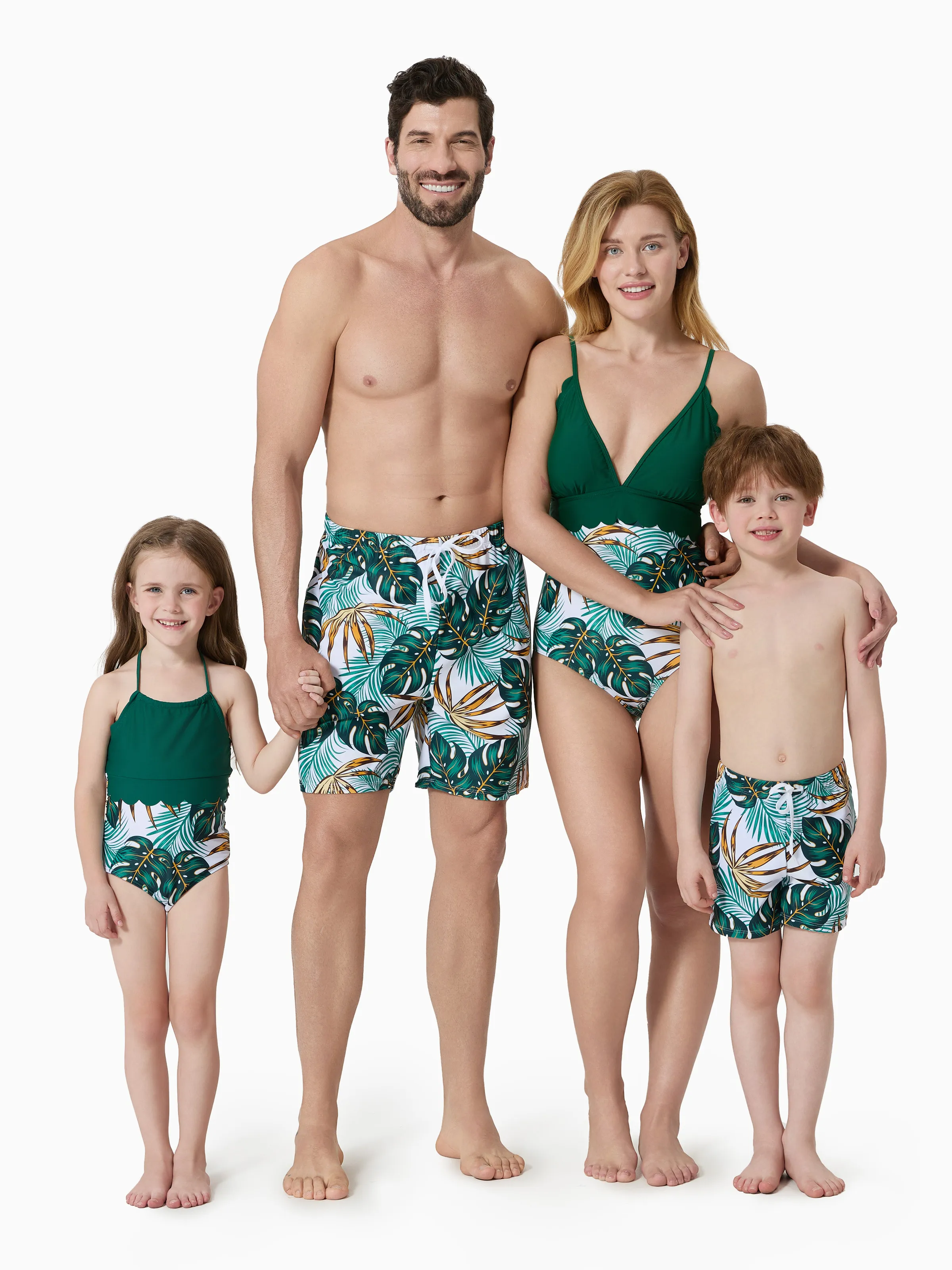 Family Matching Allover Plants Print Swim Trunks Shorts and V Neck Spaghetti Strap Splicing One-Piece Swimsuit Dark Green