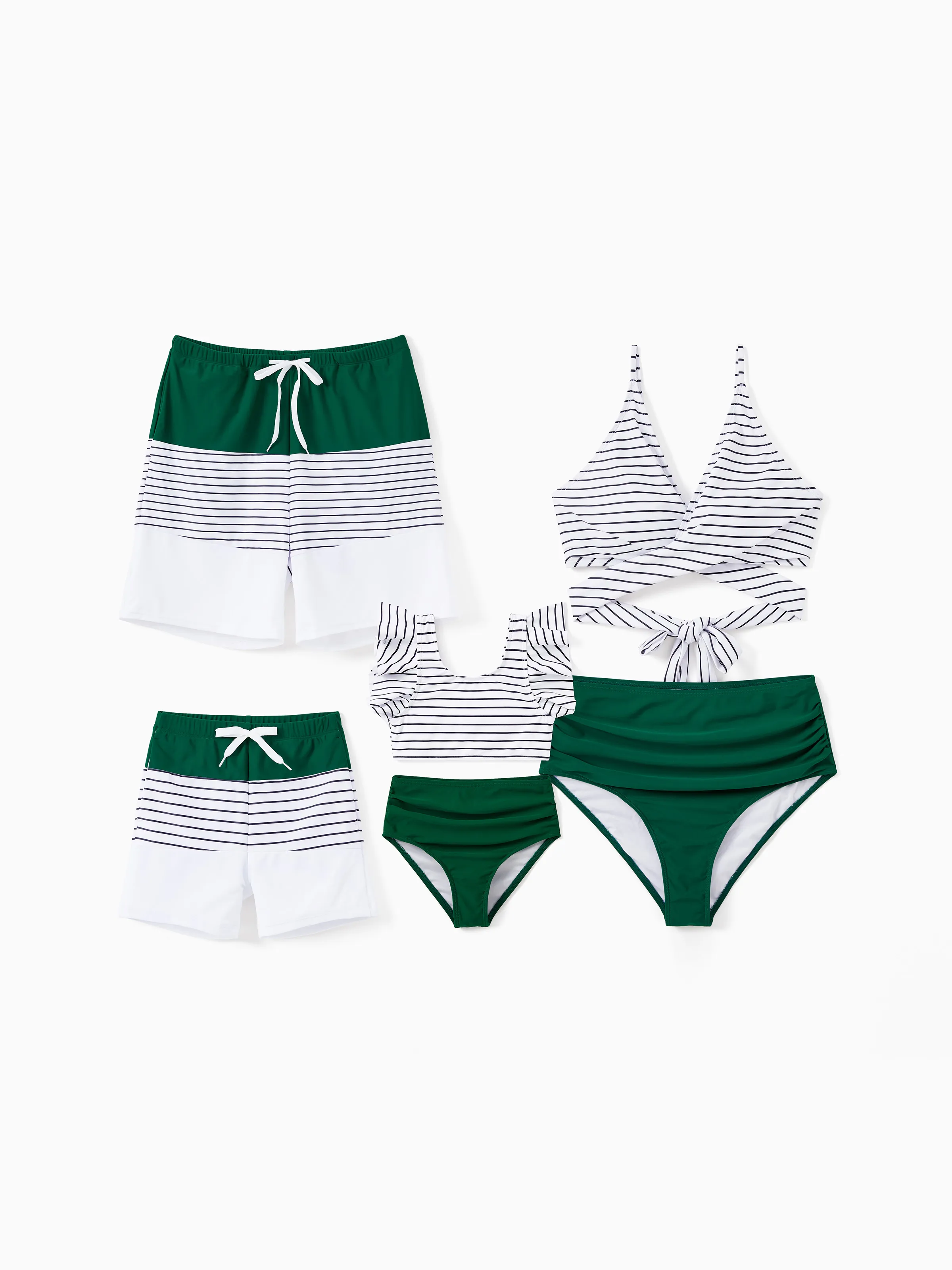 Family Matching Color Block Drawstring Swim Trunks or Stripe Cross Front Two-Piece Swimsuit (Quick-Dry) Green