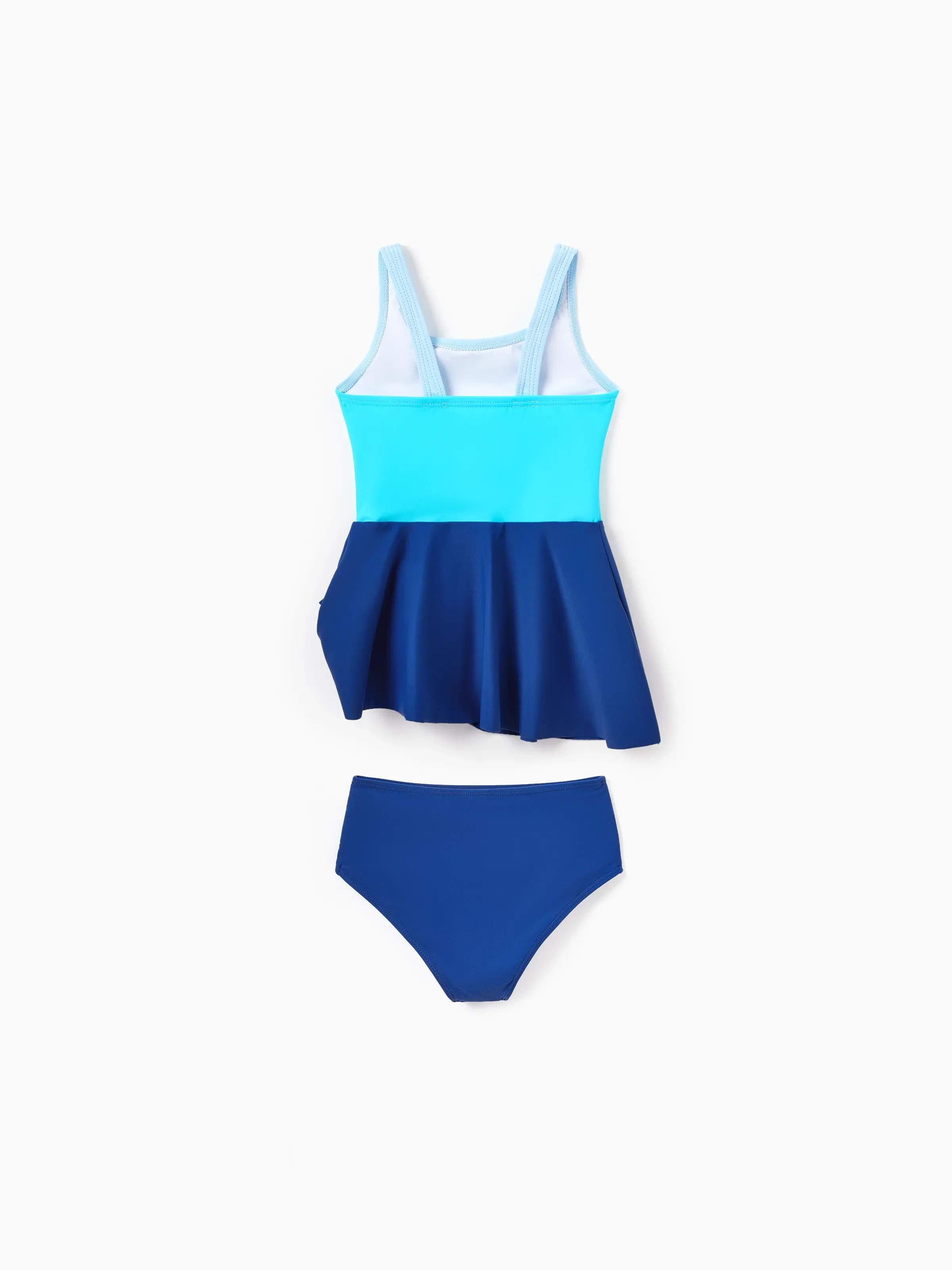 Family Matching Color Block Swimsuits One Shoulder Swim Dress / Swim Trunks Set Blue - Image 8