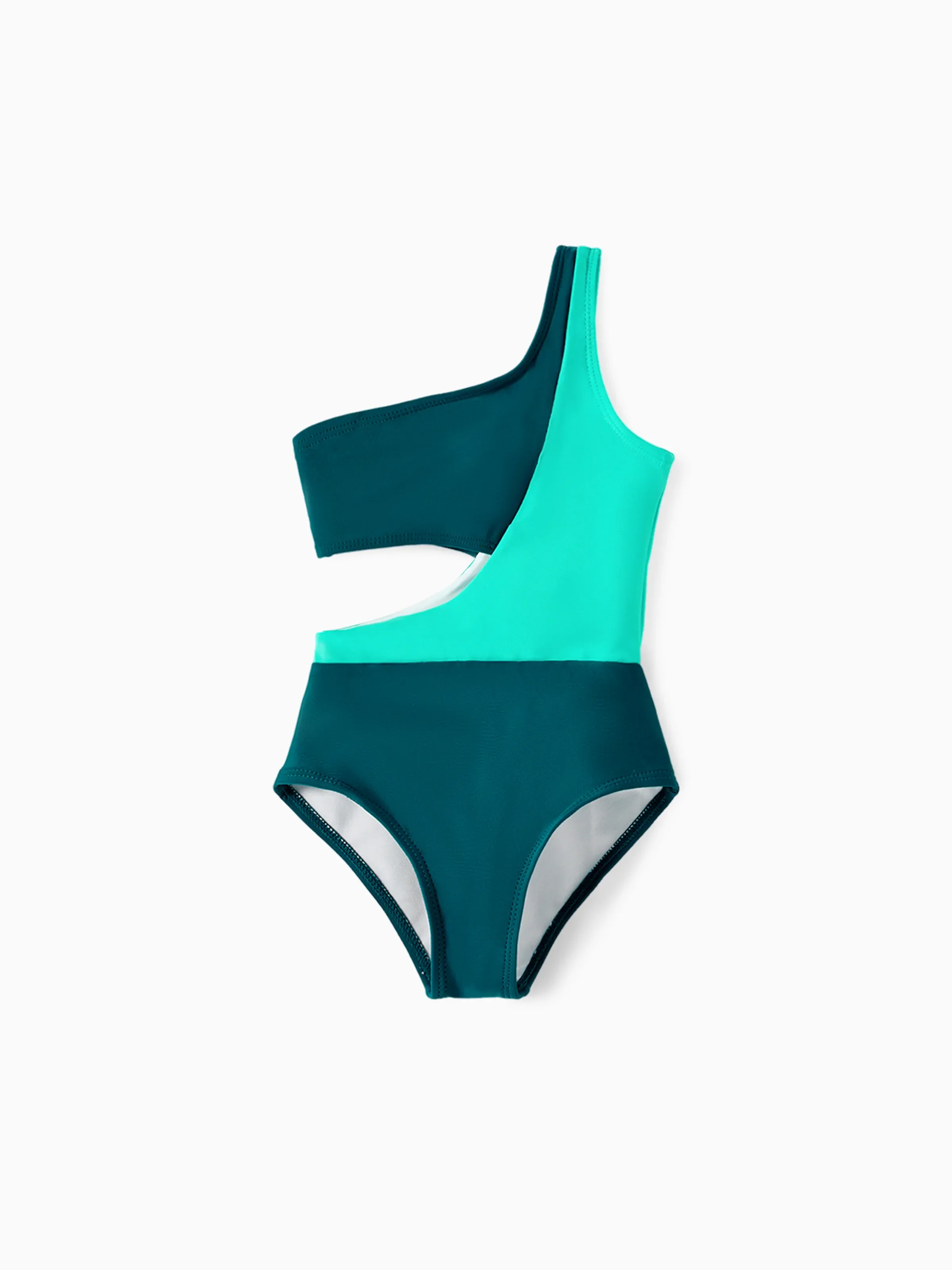Family Matching Colorblock One Shoulder Cut Out One-piece Swimsuit and Striped Spliced Swim Trunks Shorts DeepTurquoise - Image 9