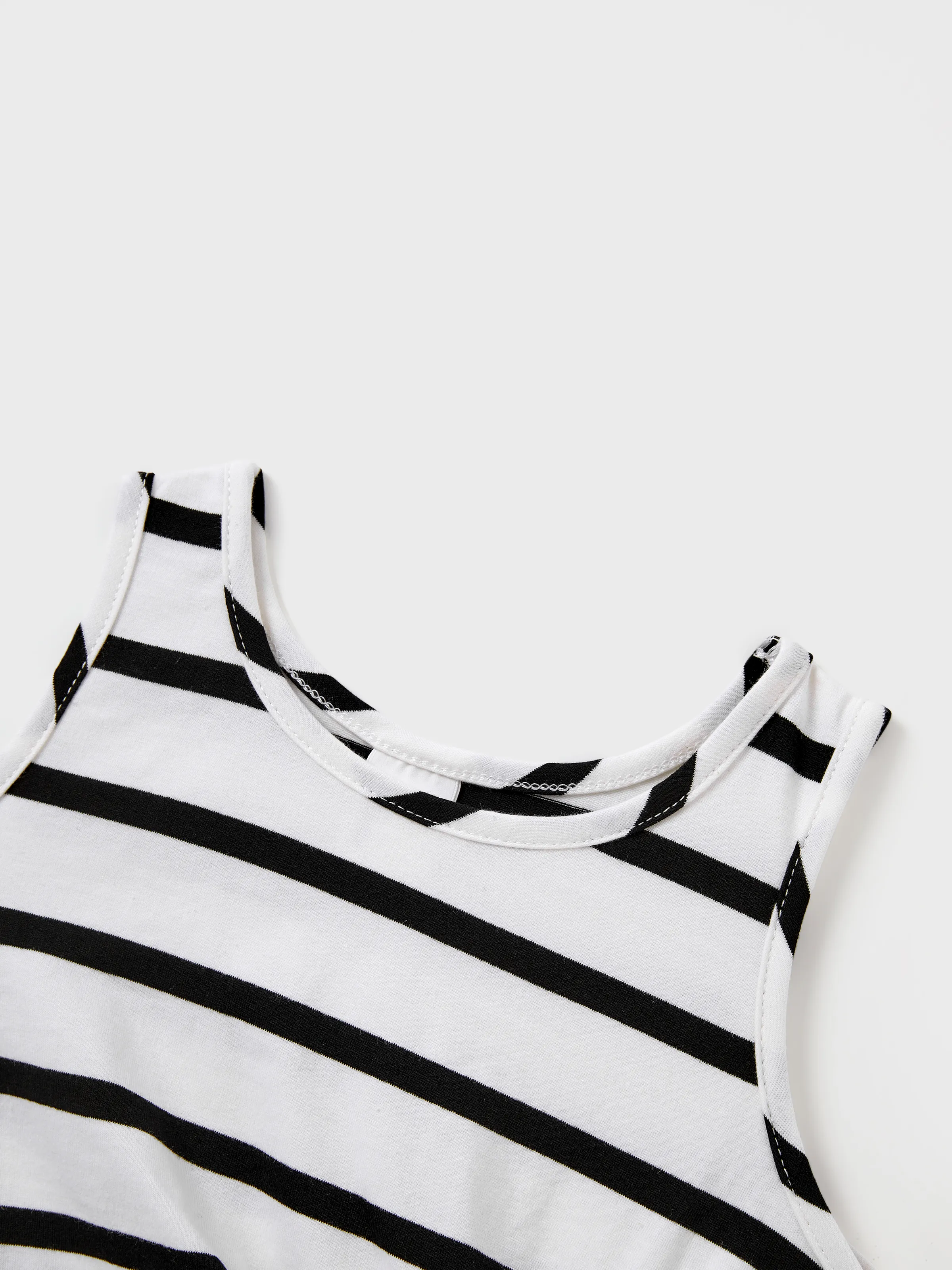 Family Matching Cotton Set Black and White Stripe T-shirt or Strap Bodycon Dress Black+White - Image 9