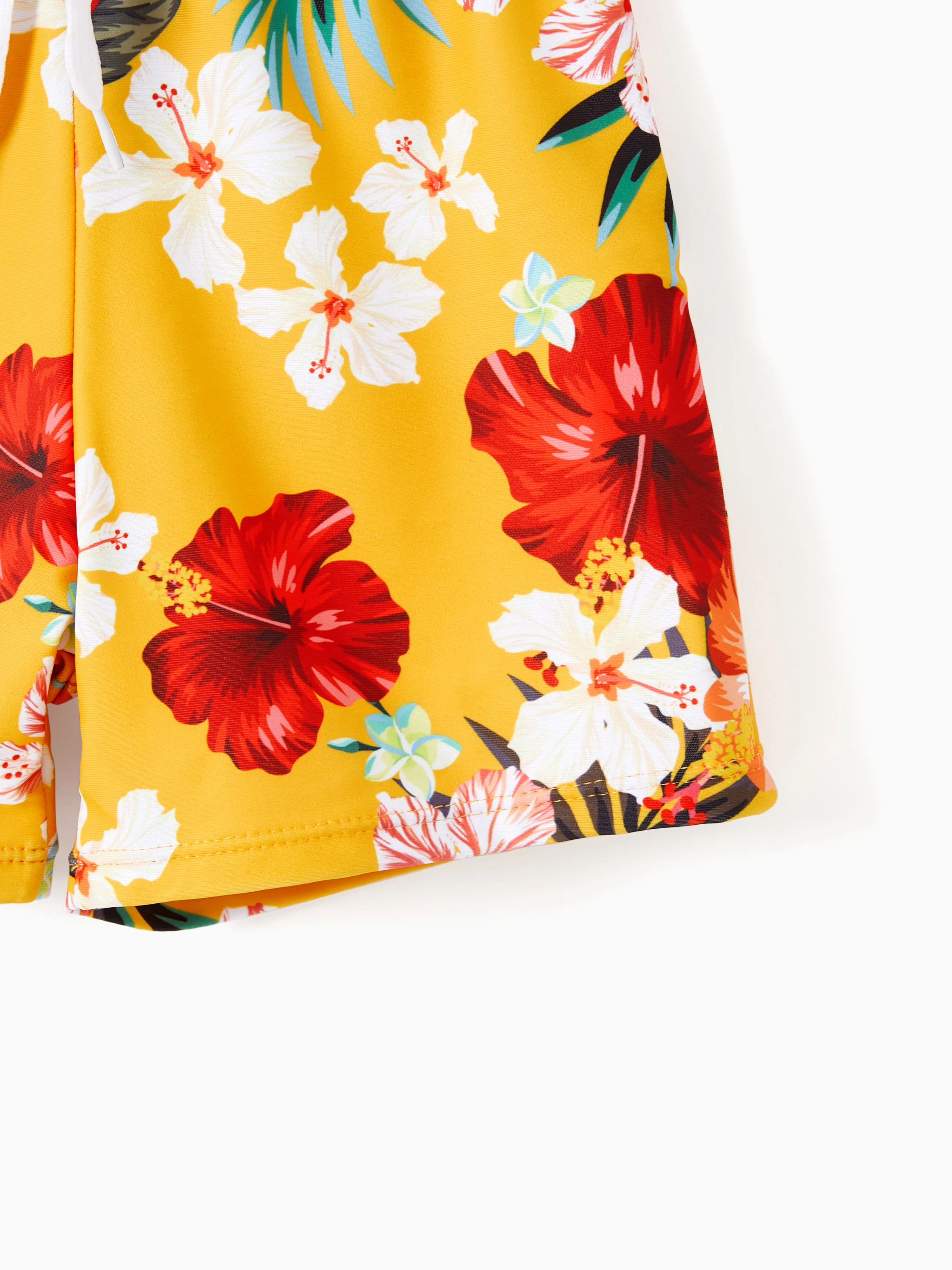 Family Matching Floral Drawstring Swim Trunks or Flowy Spliced Mesh Swim Dress with Triangle Swim Bottom Yellow - Image 15