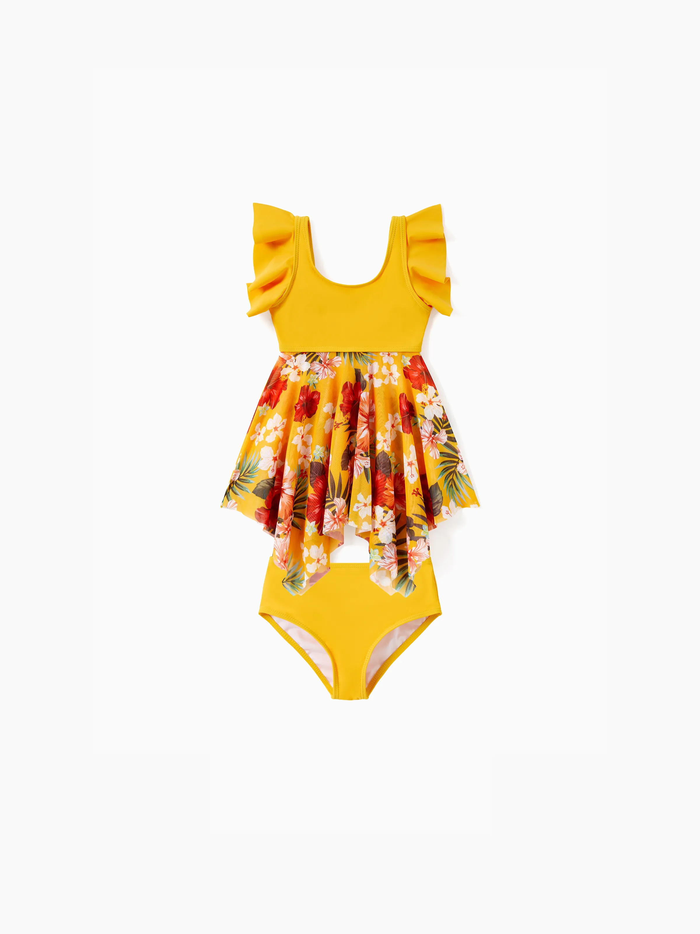 Family Matching Floral Drawstring Swim Trunks or Flowy Spliced Mesh Swim Dress with Triangle Swim Bottom Yellow - Image 7