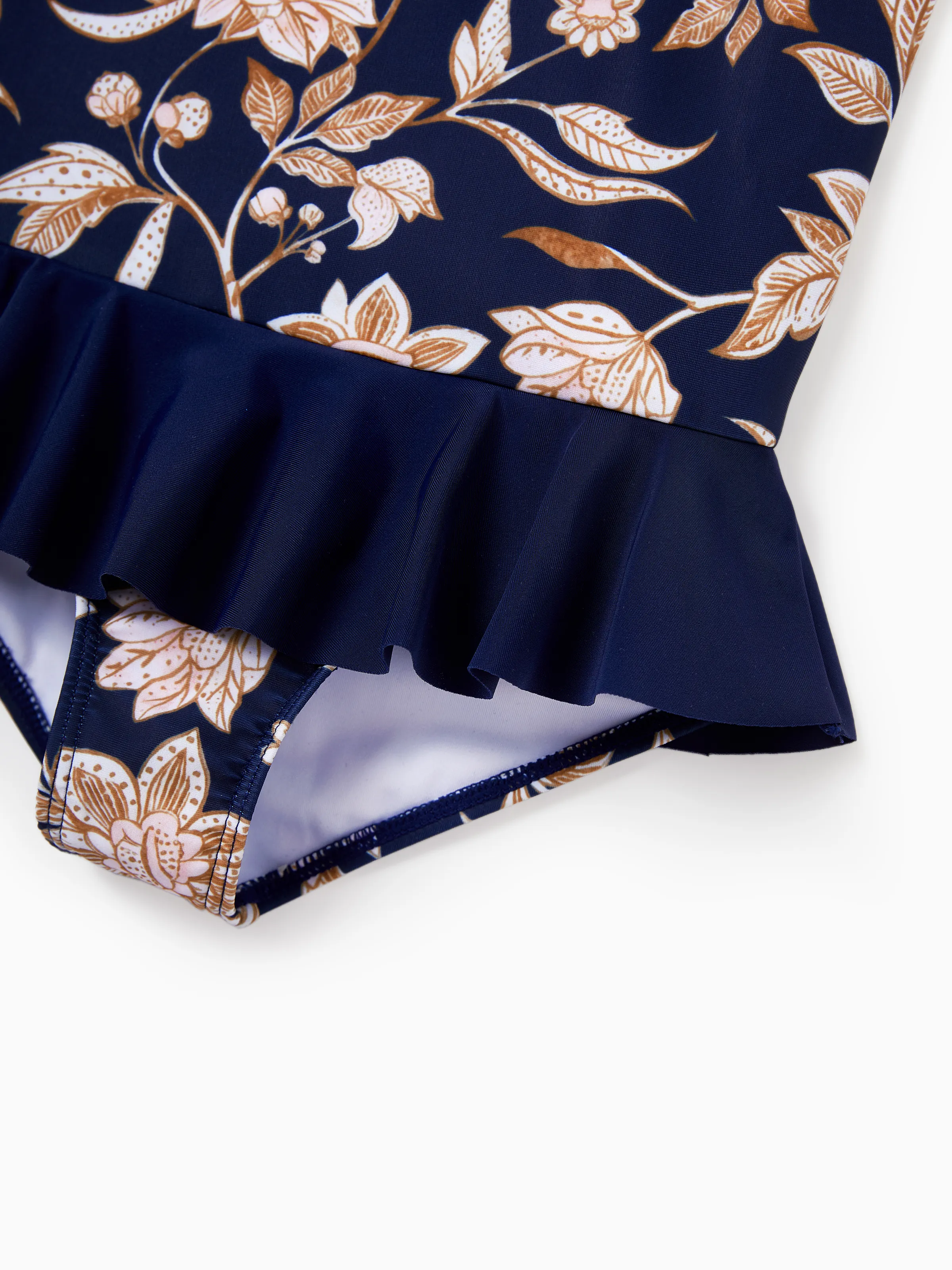 Family Matching Floral Print Swimsuits 2-in-1 One-Piece Swimsuit & Swim Trunks Deep Blue - Image 11