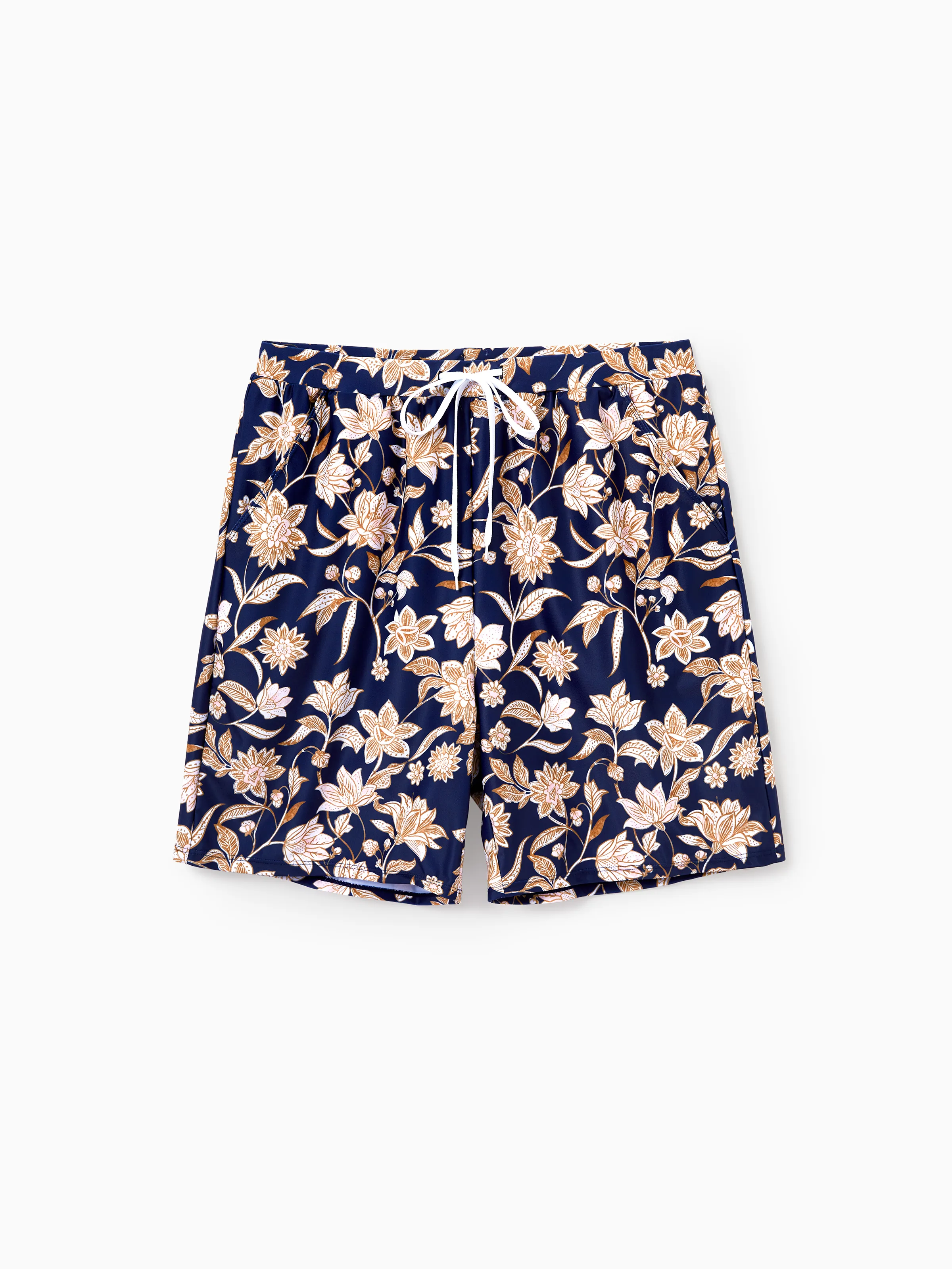 Family Matching Floral Print Swimsuits 2-in-1 One-Piece Swimsuit & Swim Trunks Deep Blue - Image 17
