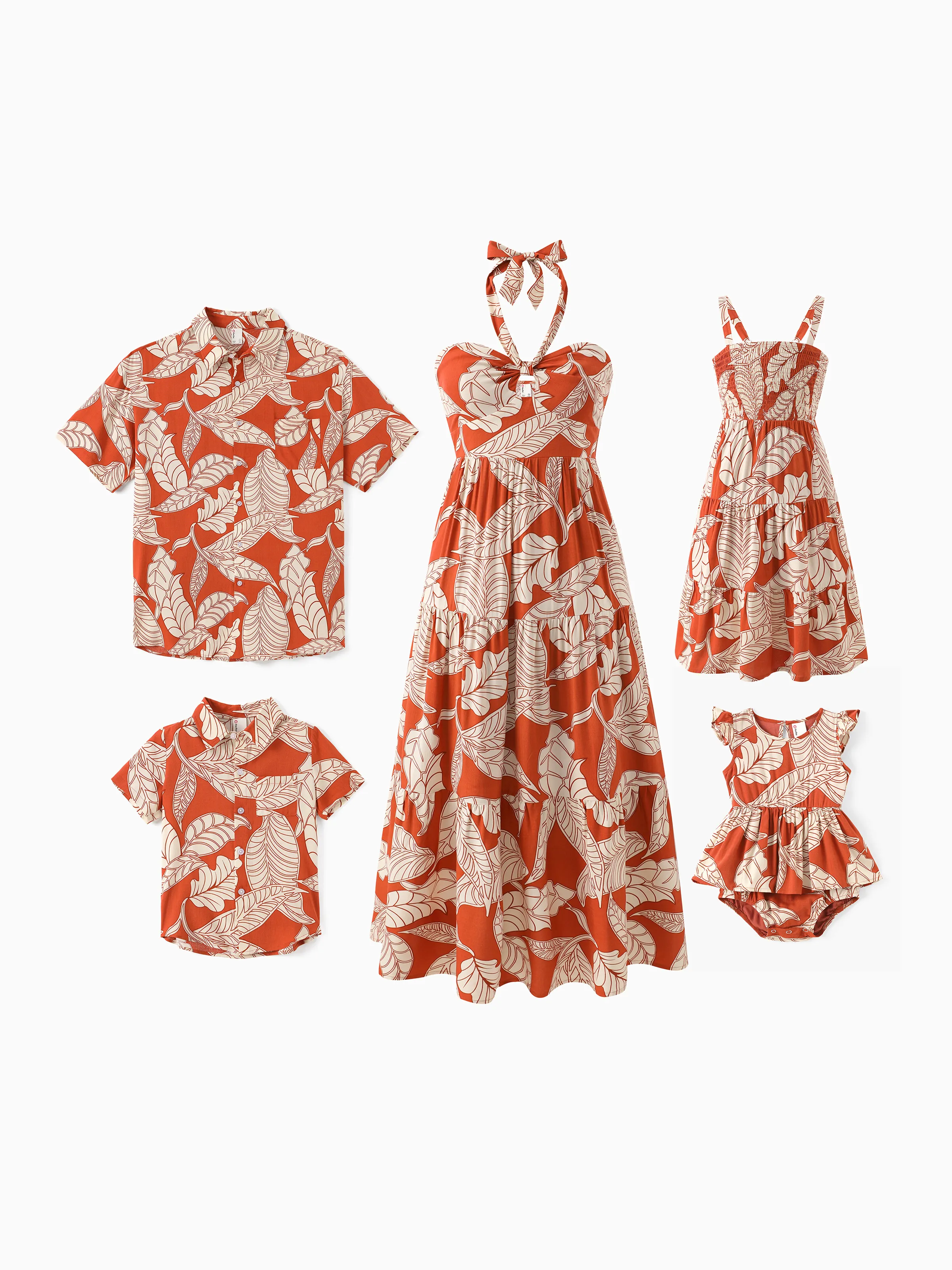Family Matching Outfits Coral Leaf Print Halter Dress or Short-sleeve Shirt Set Summer Vacation Collection Red