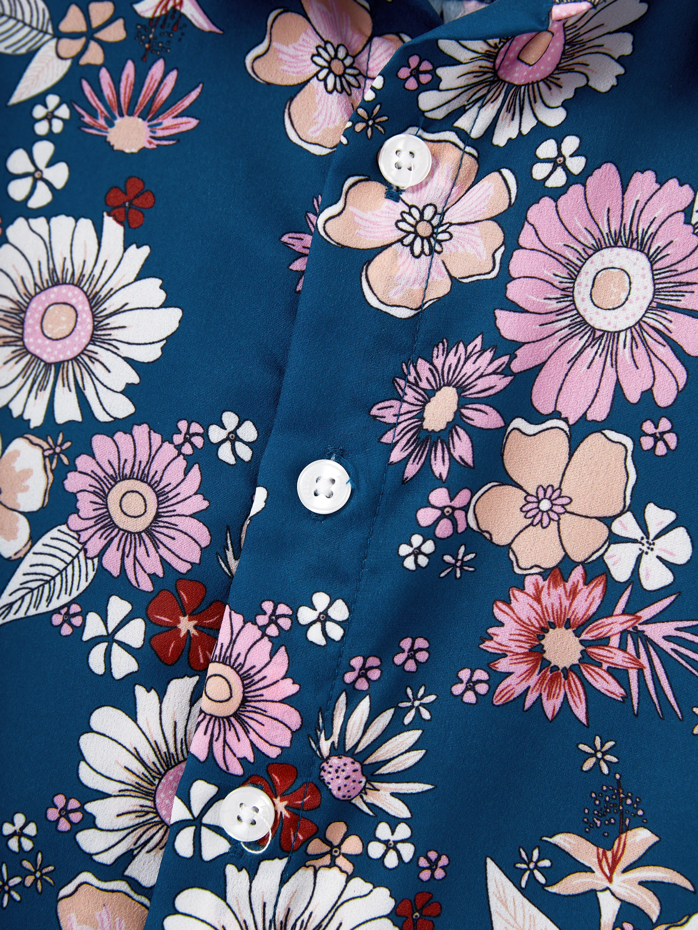 Family matching outfits Floral Allover Print Short-sleeve Collar Shirt or Halter Sleeveless Dress for Summer Vacation CYAN- - Image 16