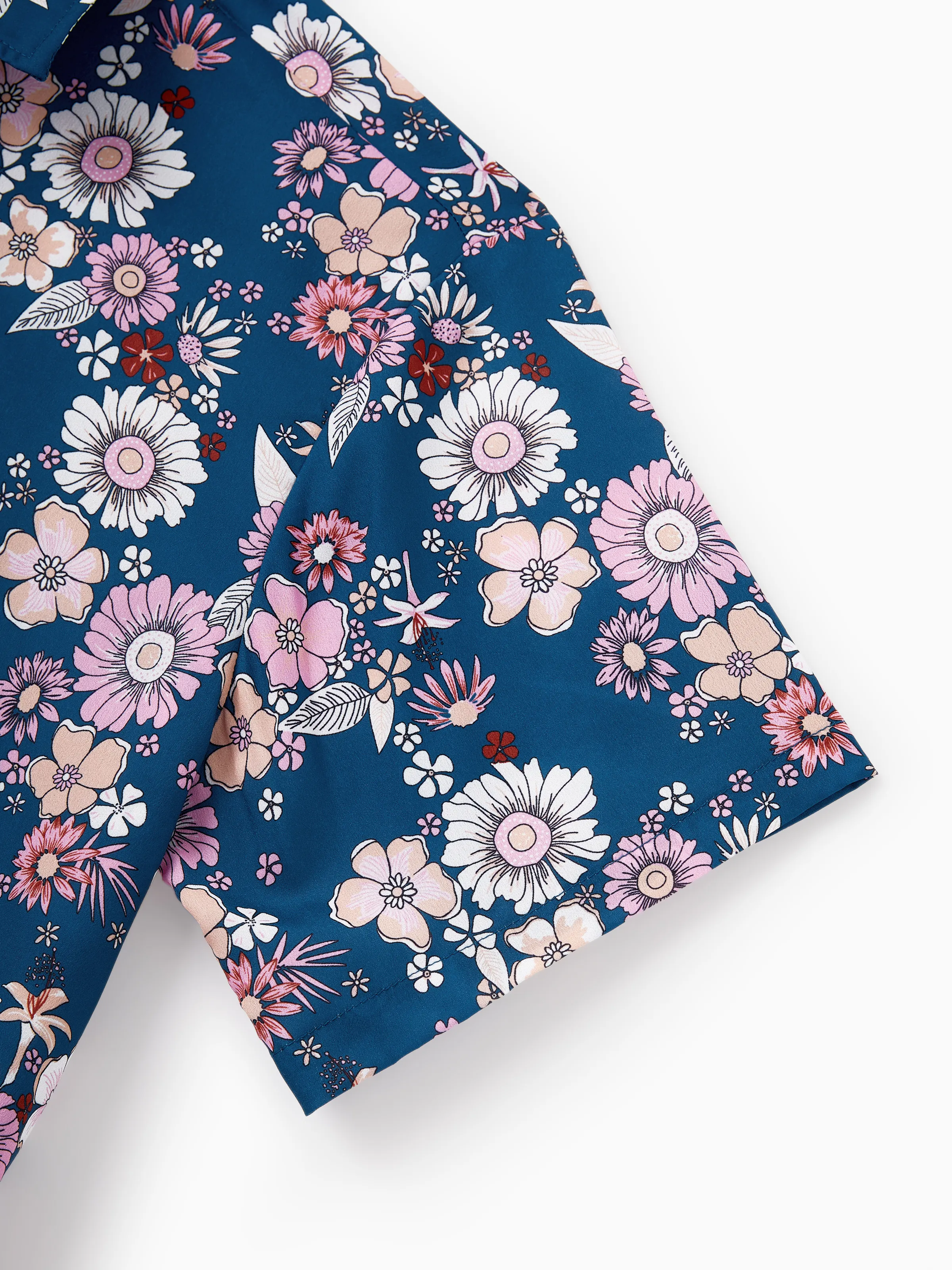 Family matching outfits Floral Allover Print Short-sleeve Collar Shirt or Halter Sleeveless Dress for Summer Vacation CYAN- - Image 20