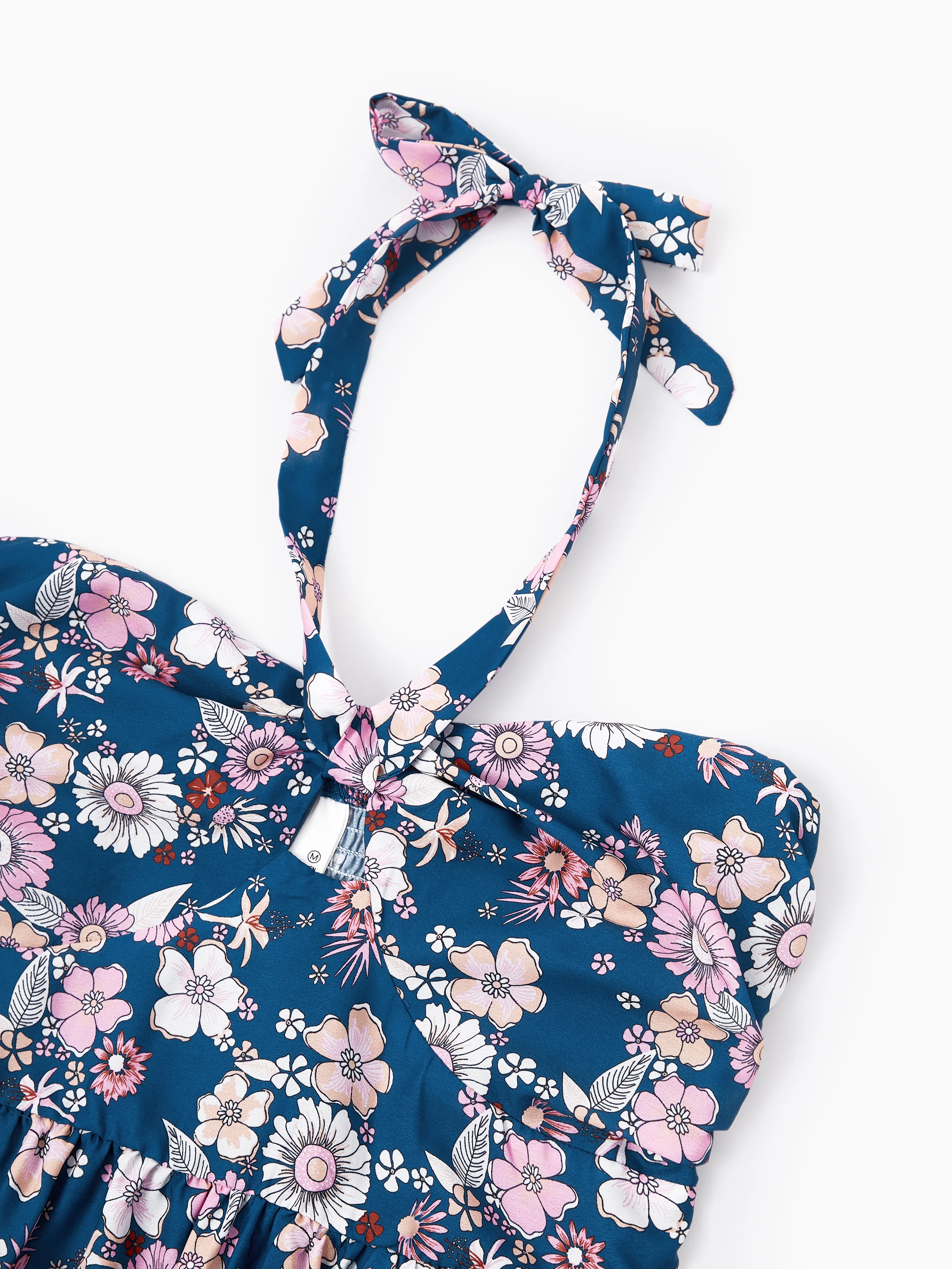 Family matching outfits Floral Allover Print Short-sleeve Collar Shirt or Halter Sleeveless Dress for Summer Vacation CYAN- - Image 4