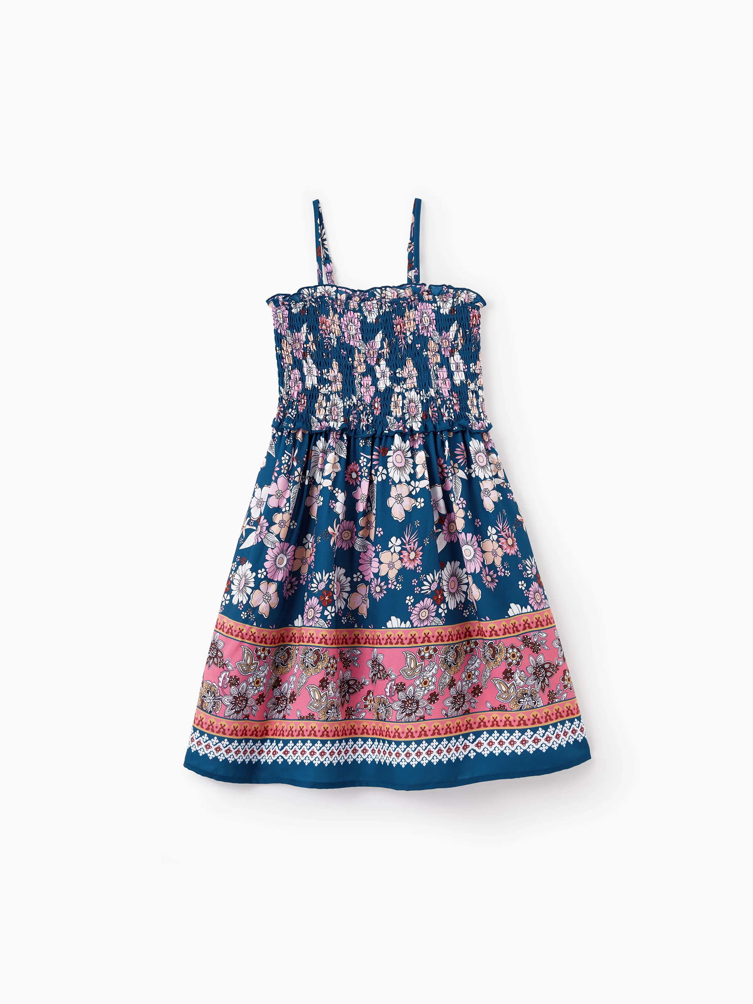 Family matching outfits Floral Allover Print Short-sleeve Collar Shirt or Halter Sleeveless Dress for Summer Vacation CYAN- - Image 7