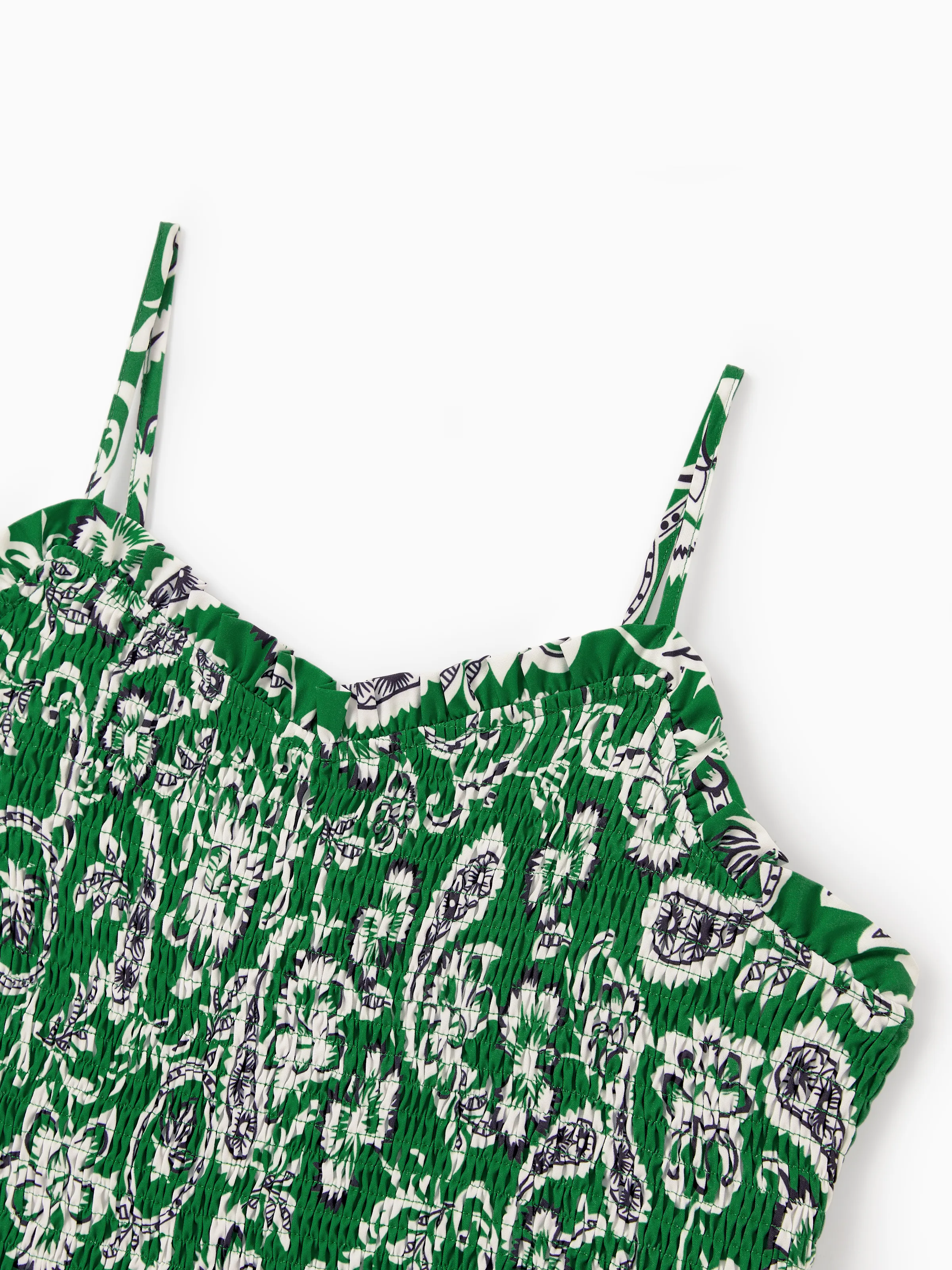 Family Matching Outfits Set Floral Print Short-sleeve Collar Shirt or Strappy Smocked Dress for Summer Vacation Green - Image 7