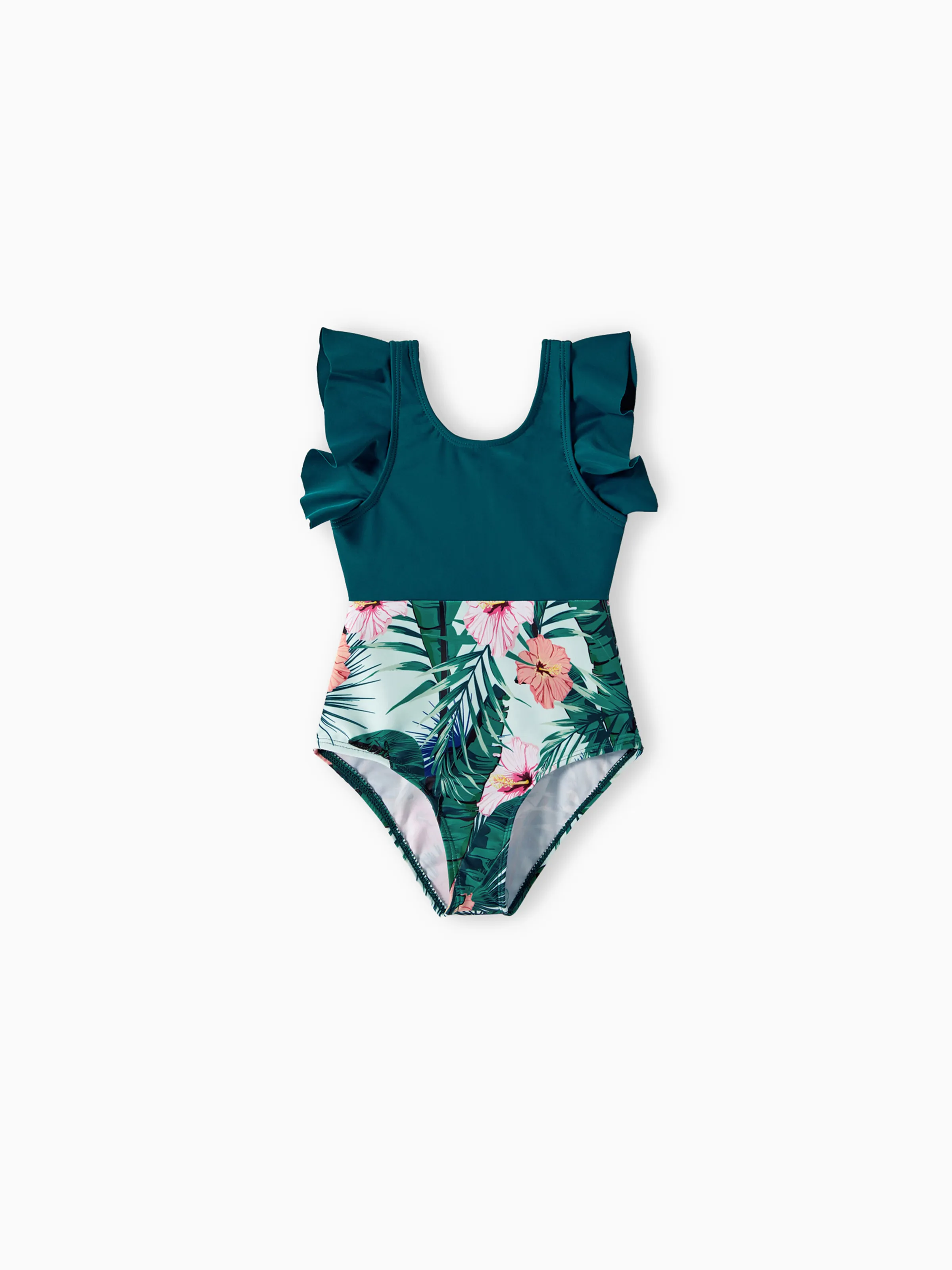 Family Matching Plant Print Ruffle Trim Spliced One-piece Swimsuit or Swim Trunks Green - Image 11