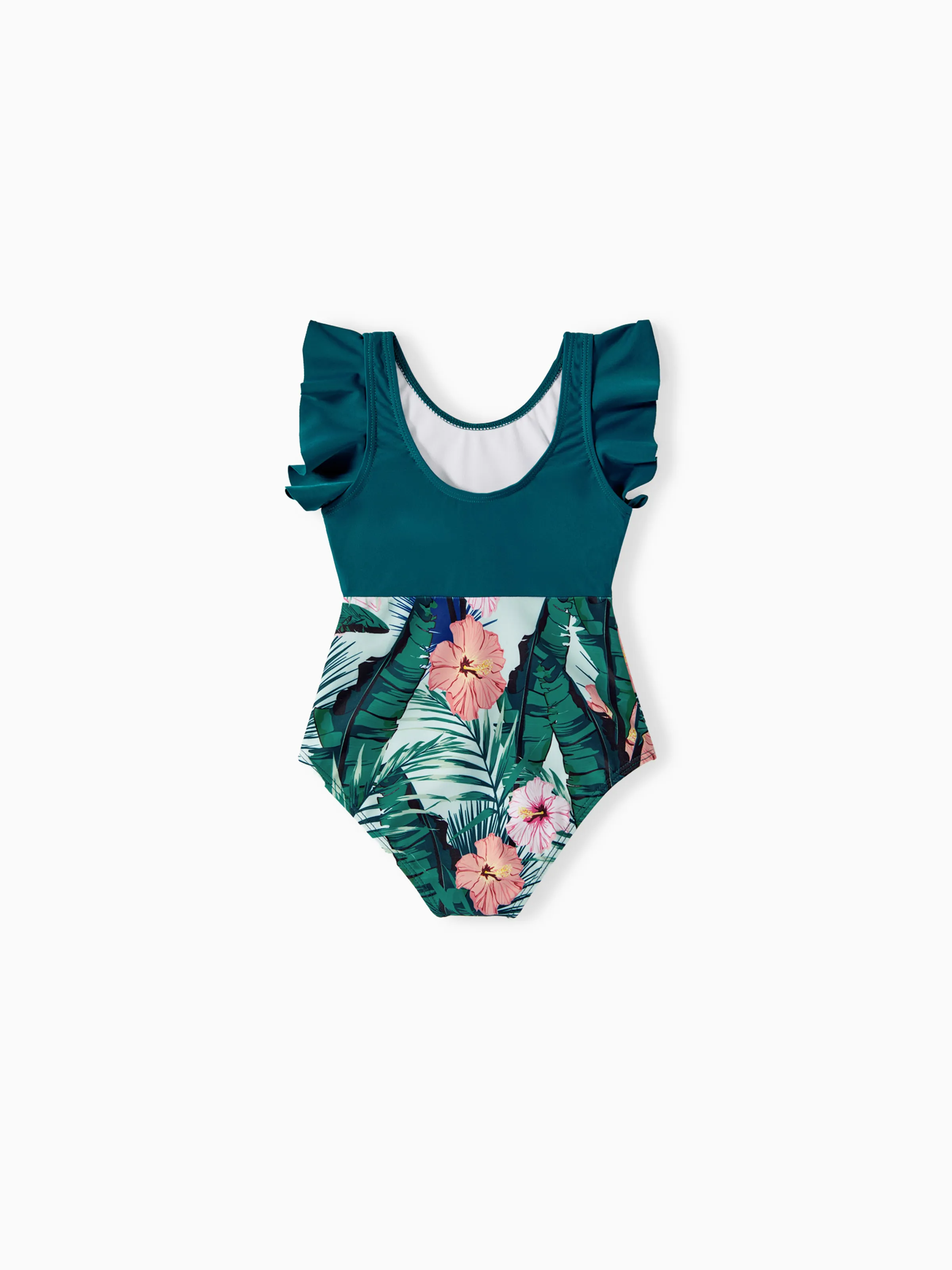 Family Matching Plant Print Ruffle Trim Spliced One-piece Swimsuit or Swim Trunks Green - Image 12