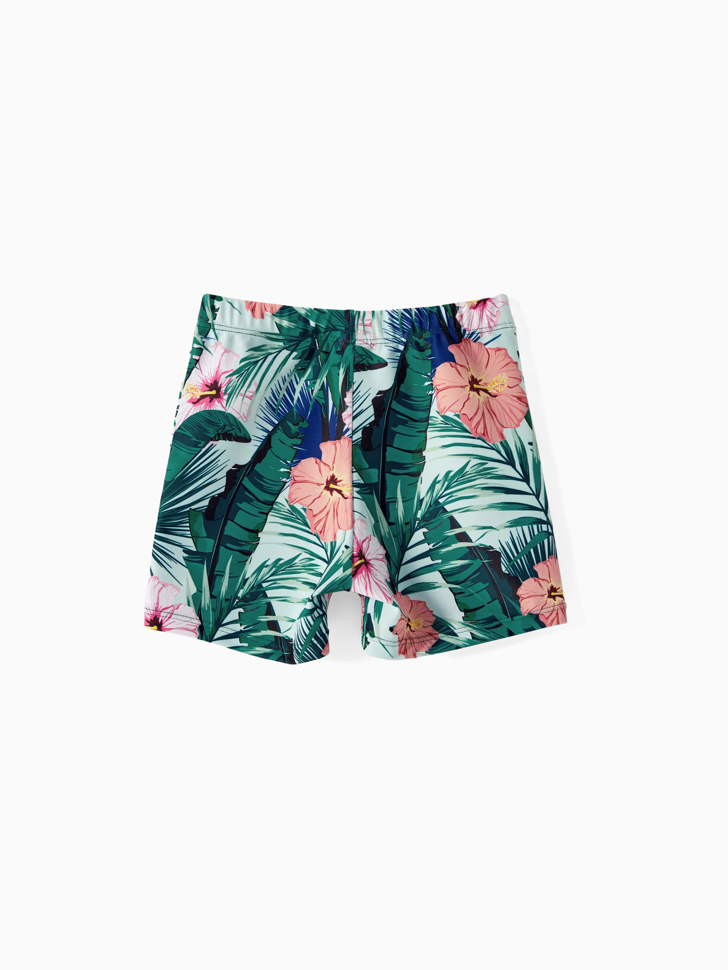 Family Matching Plant Print Ruffle Trim Spliced One-piece Swimsuit or Swim Trunks Green - Image 21