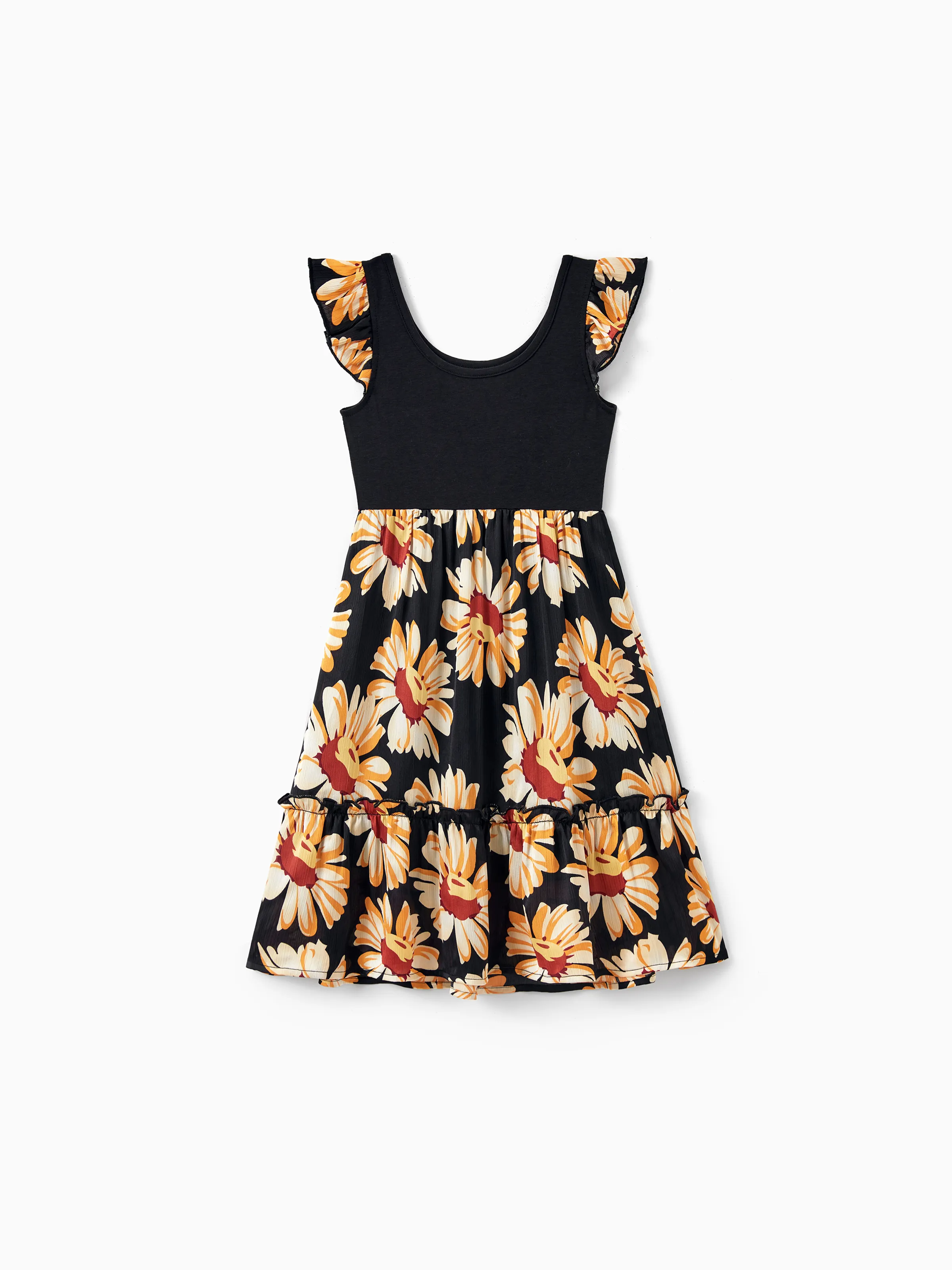 Family Matching Set Floral Sleeveless Strappy Dress or Colorblock Short-sleeve T-shirt Black - Image 12