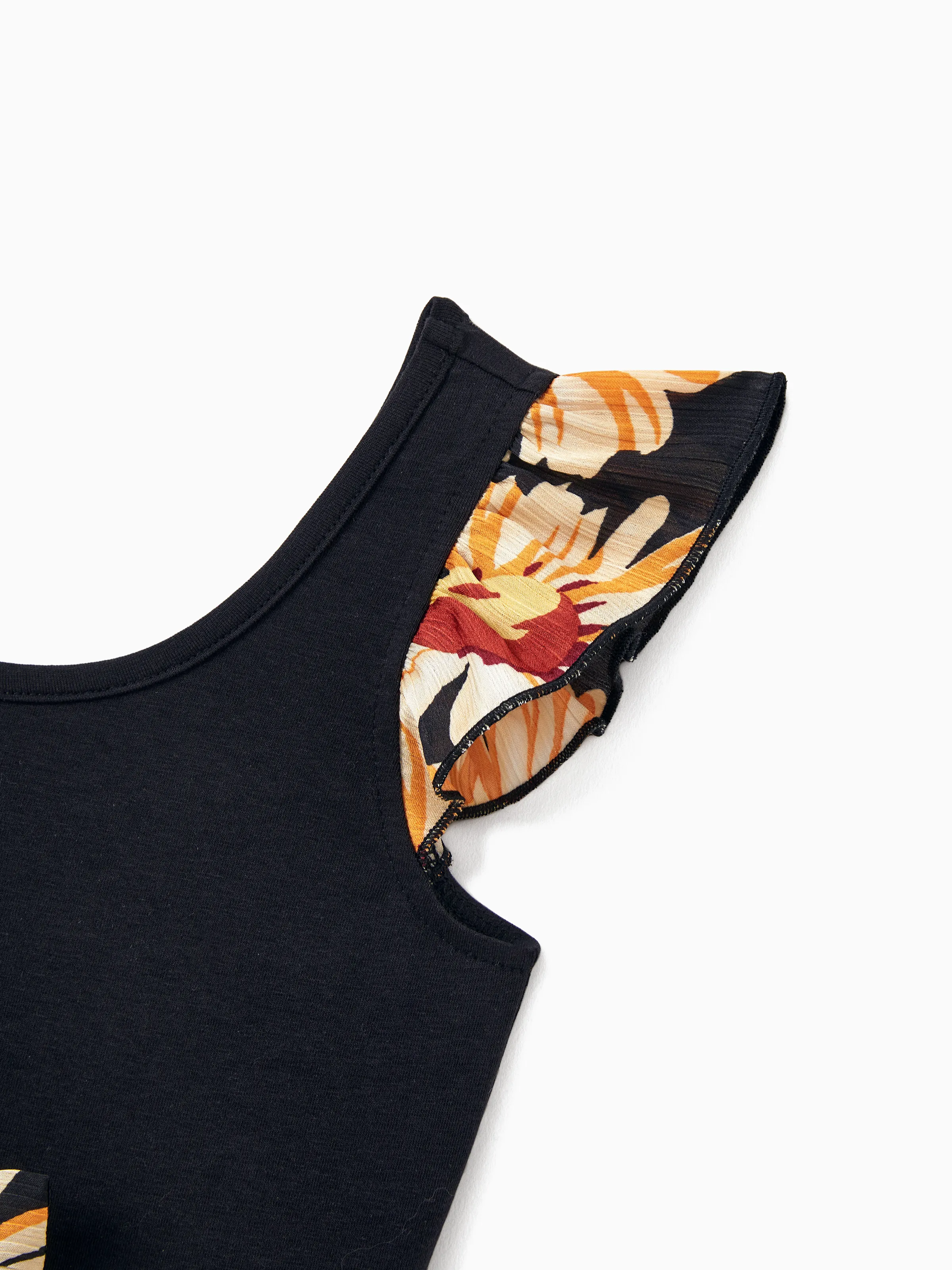Family Matching Set Floral Sleeveless Strappy Dress or Colorblock Short-sleeve T-shirt Black - Image 14