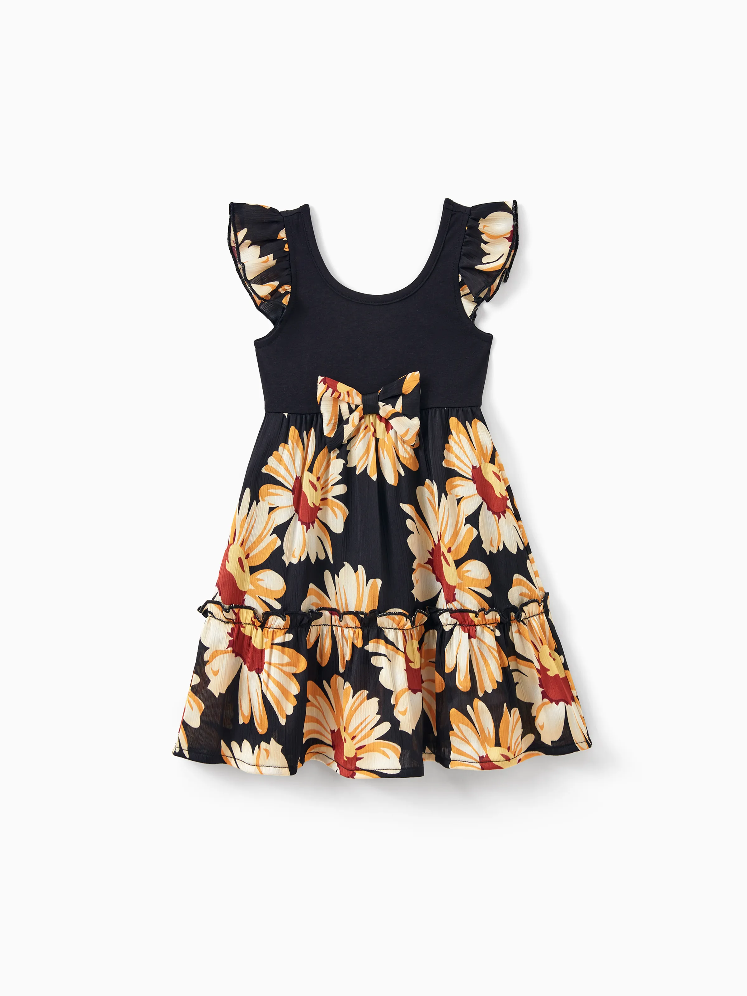 Family Matching Set Floral Sleeveless Strappy Dress or Colorblock Short-sleeve T-shirt Black - Image 15