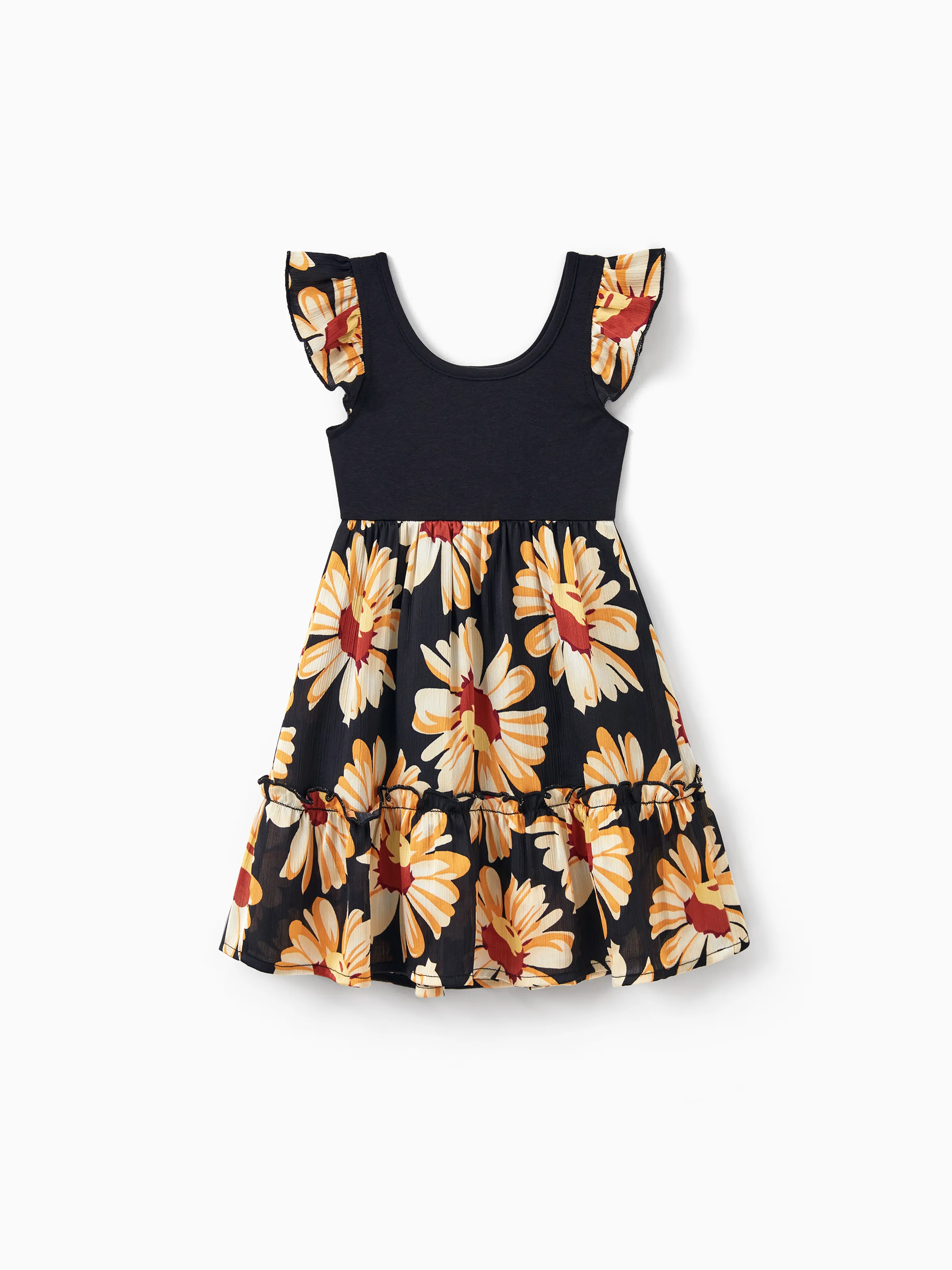 Family Matching Set Floral Sleeveless Strappy Dress or Colorblock Short-sleeve T-shirt Black - Image 16