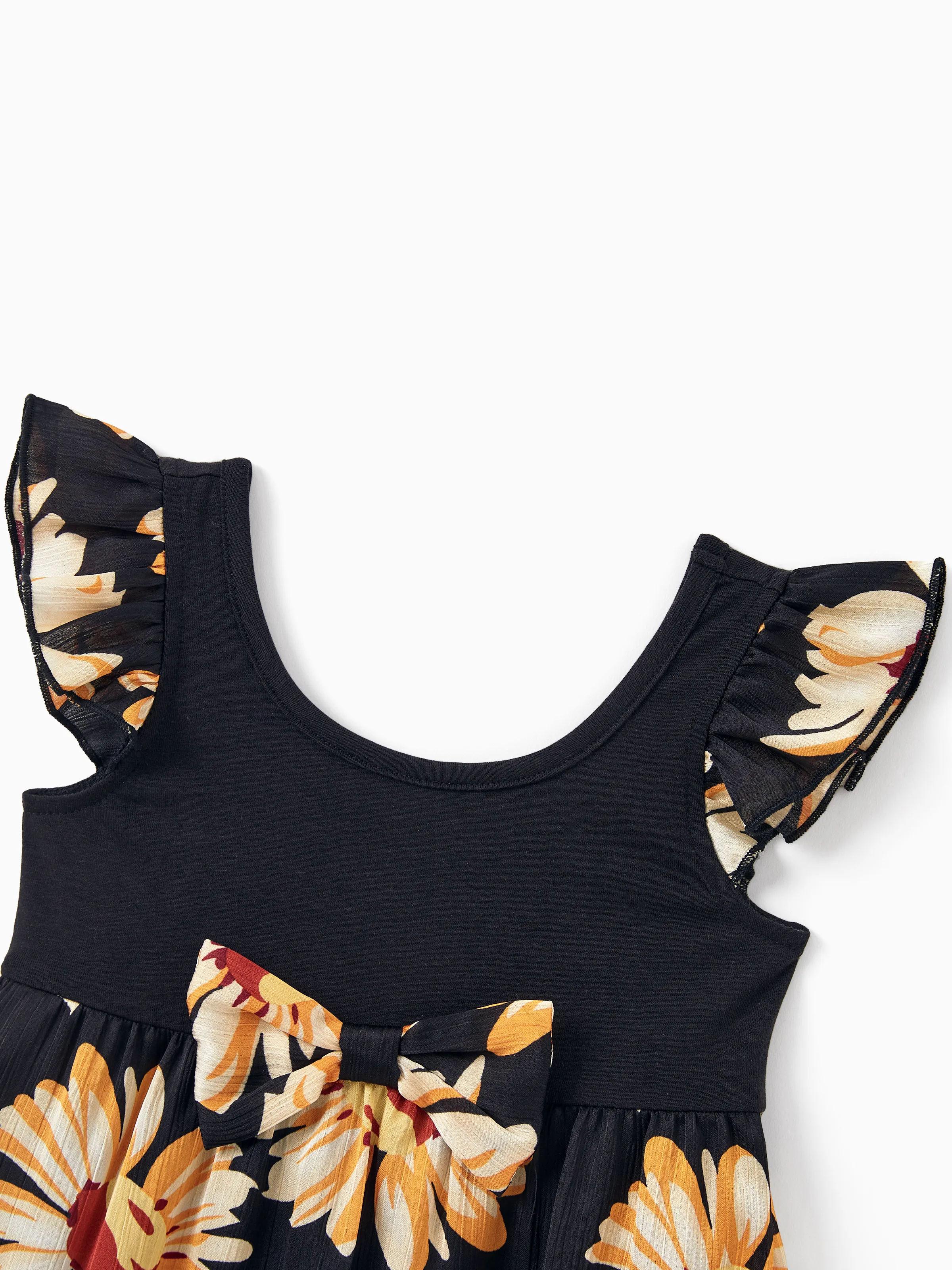 Family Matching Set Floral Sleeveless Strappy Dress or Colorblock Short-sleeve T-shirt Black - Image 17