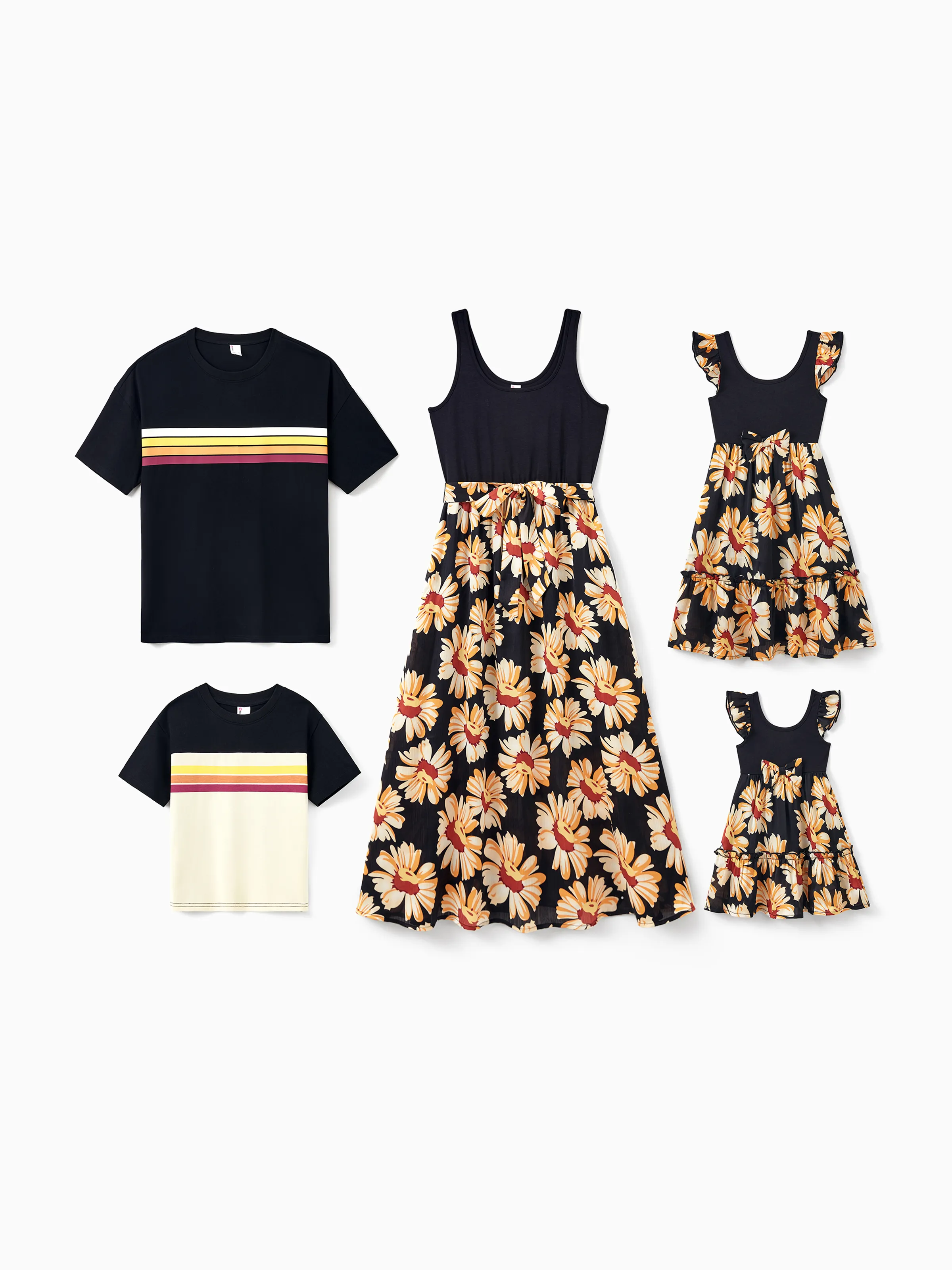 Family Matching Set Floral Sleeveless Strappy Dress or Colorblock Short-sleeve T-shirt Black - Image 3
