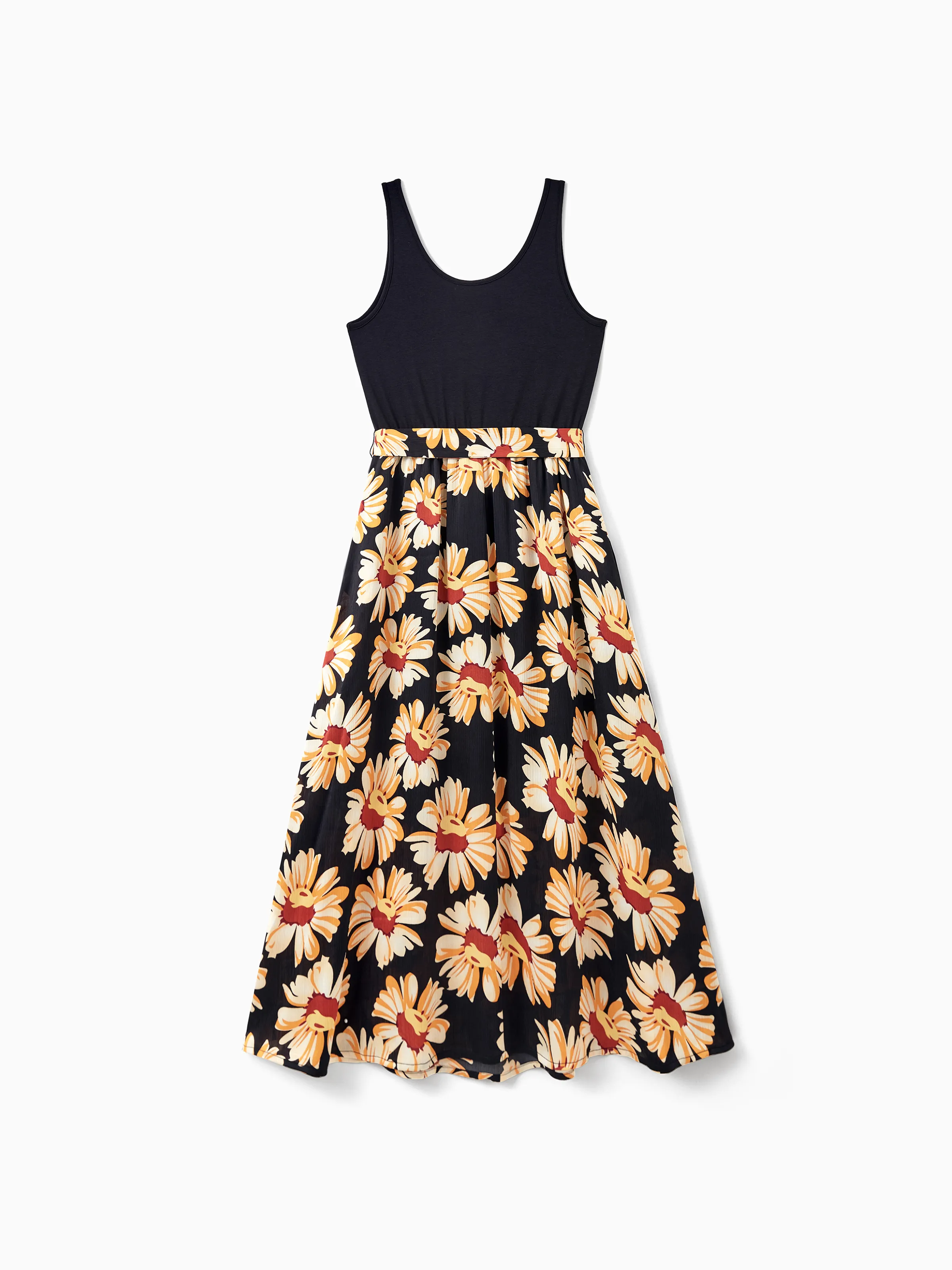 Family Matching Set Floral Sleeveless Strappy Dress or Colorblock Short-sleeve T-shirt Black - Image 7
