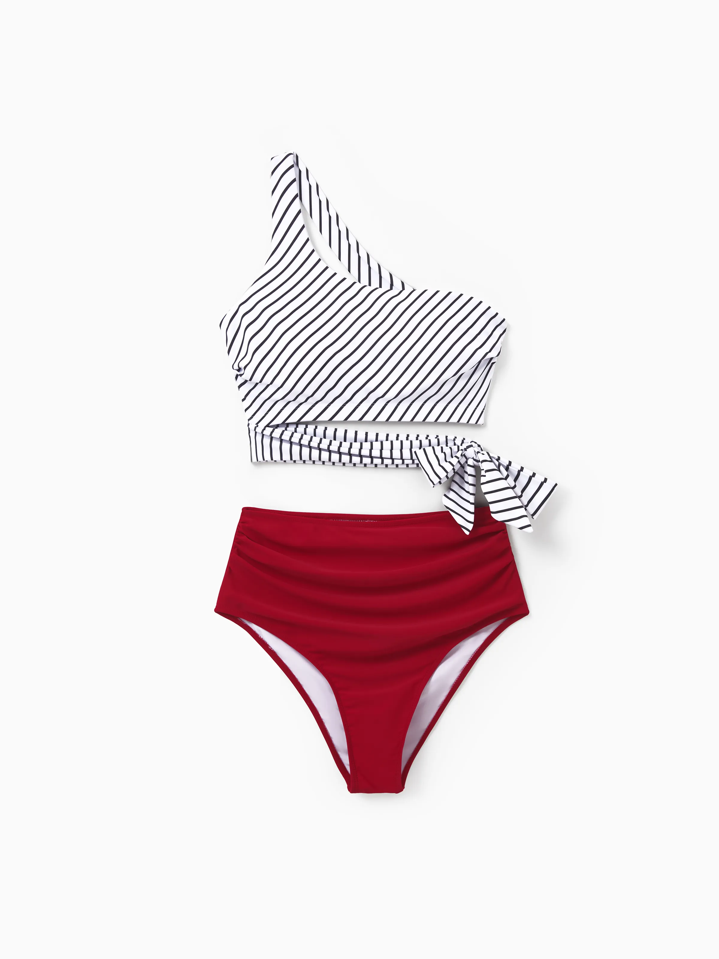 Family Matching Swimsuits Red Striped One-Shoulder Bikini or Colorblock Swim Trunks Matching Beachwear Outfits for Summer, Cruise, Vacation Red - Image 2