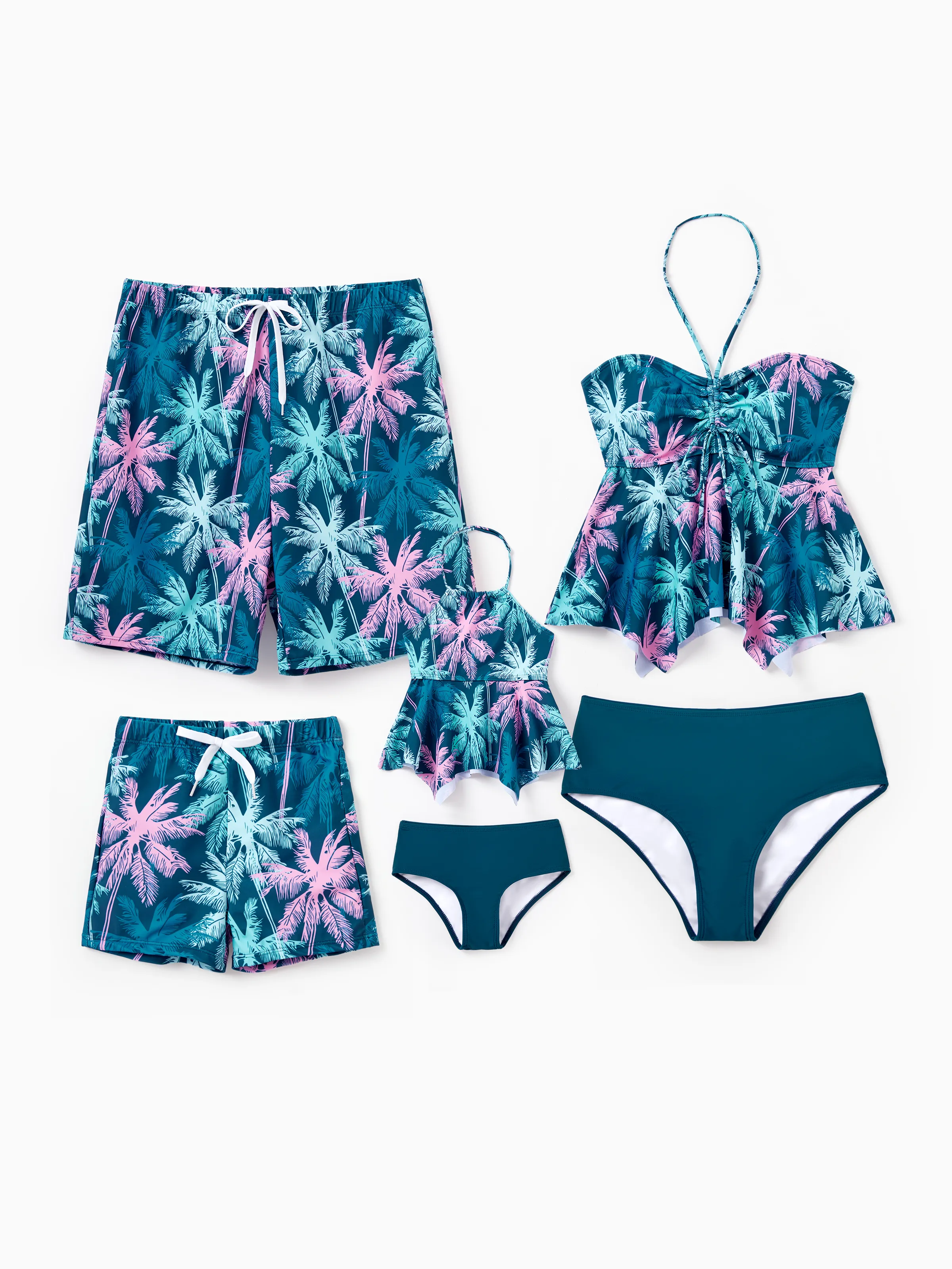 Family Matching Swimsuits Tropical Palm Tree Print, Mommy and Me Ruffle two-piece Swimsuit, Daddy and Son Swim Trunks Set, Beach Vacation Swimwear Turquoise - Image 2