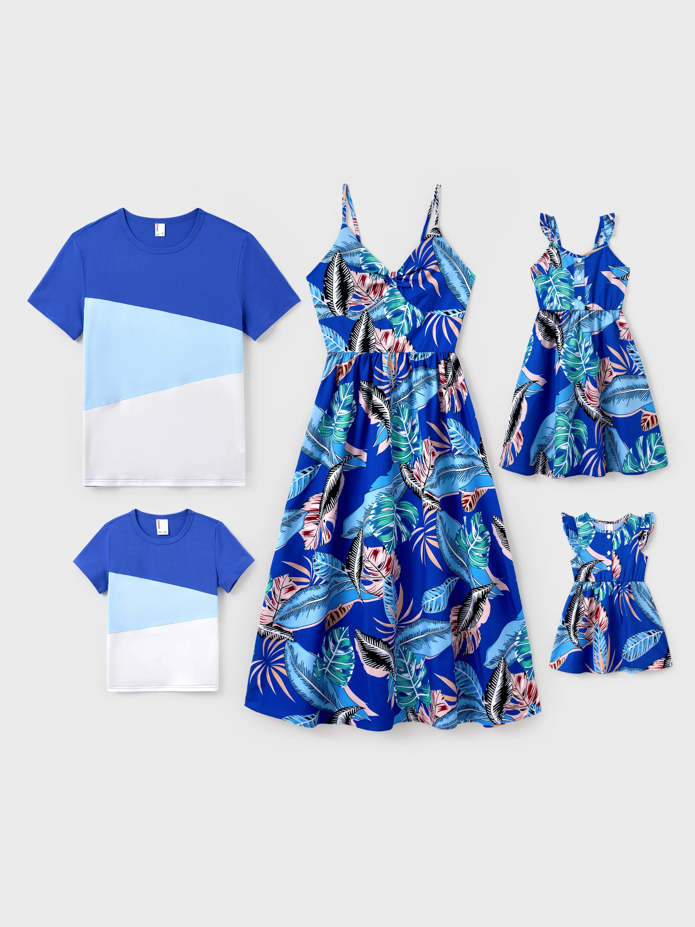 Family Matching Tropical Dress & T-shirt Set – Blue Floral Print for Dad, Mom, Girls & Baby, Perfect for Summer Vacations and Family Photos Blue - Image 2