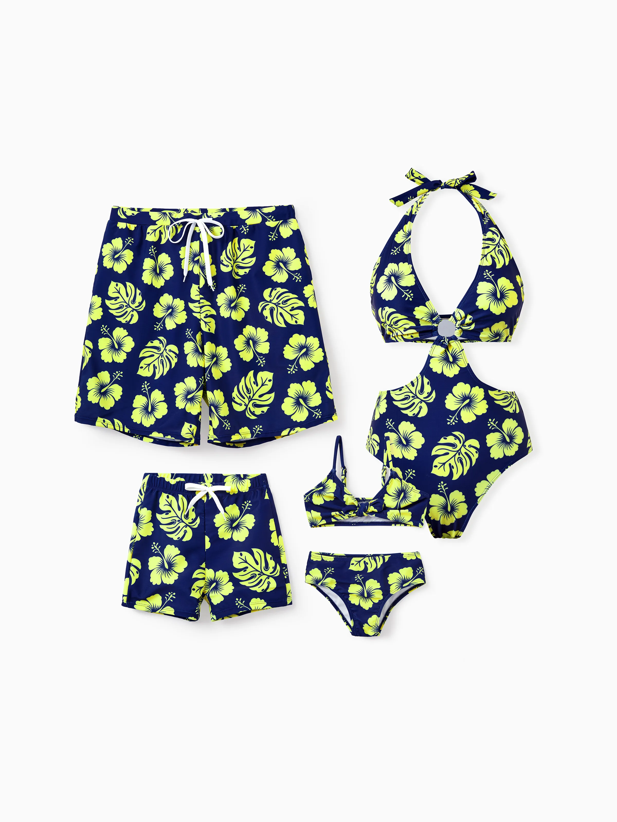 Family Matching Tropical Floral Swimsuits Halter Bikini & Swim Trunks Set Deep Blue - Image 2