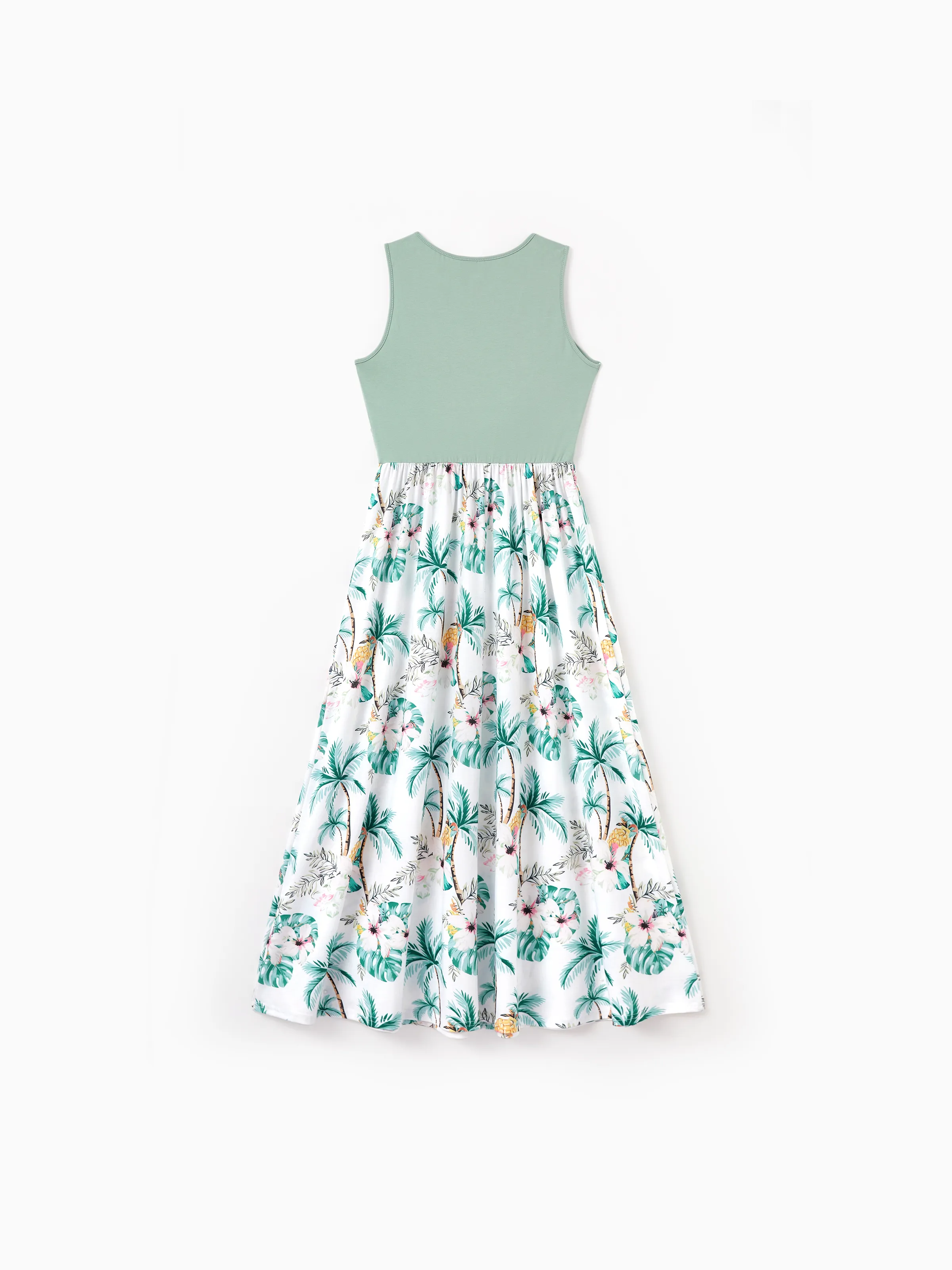 Family Matching Tropical Print Outfits Mommy & Me Tank Dress & Dad/Kids Cotton T-Shirt Set
Green - Image 6